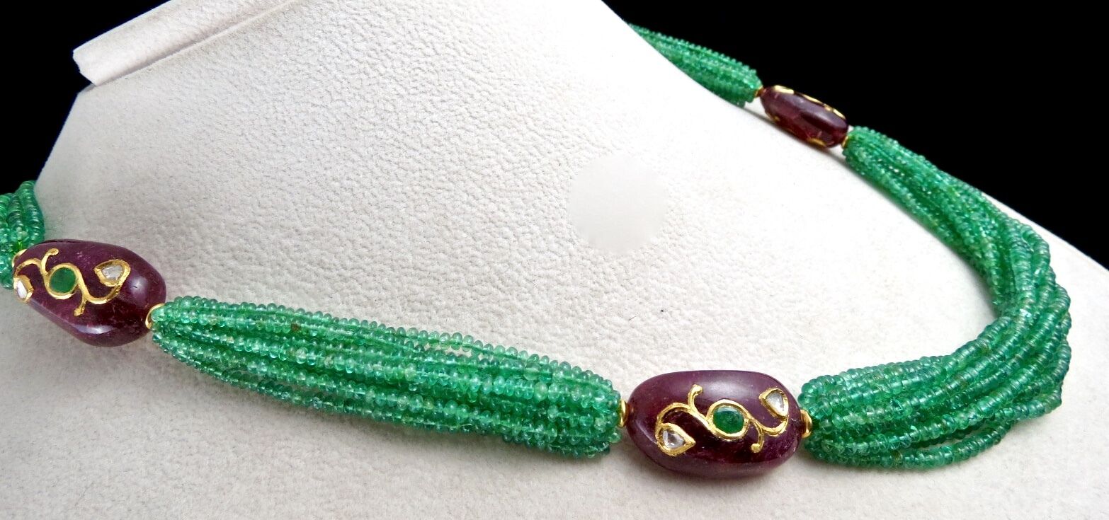 NATURAL EMERALD PINK TOURMALINE BEADS DIAMOND 18K GOLD JADAU LADIES NECKLACE