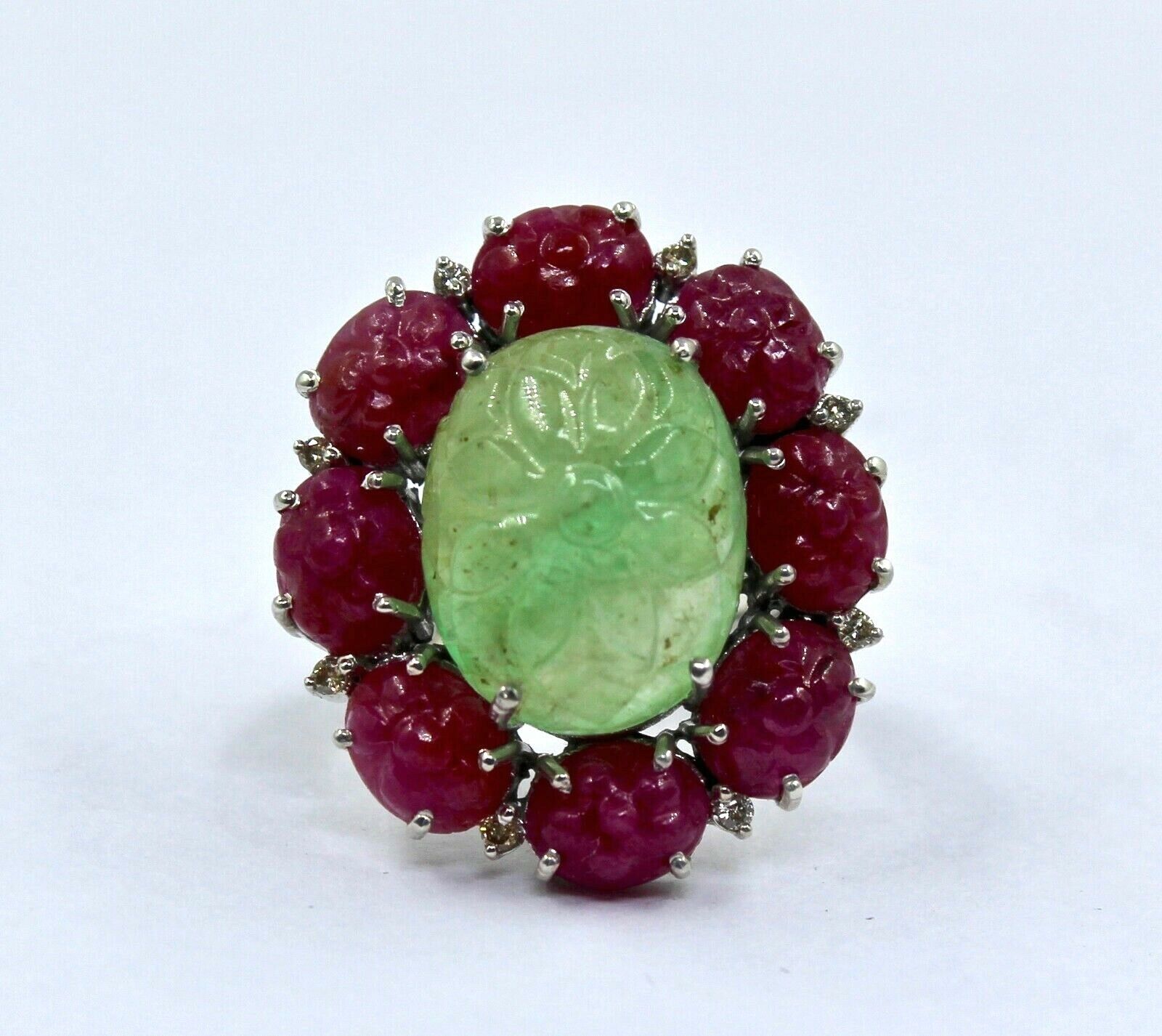 ANTIQUE NATURAL COLOMBIAN EMERALD RUBY CARVED GEMSTONE DIAMOND 925 SILVER RING