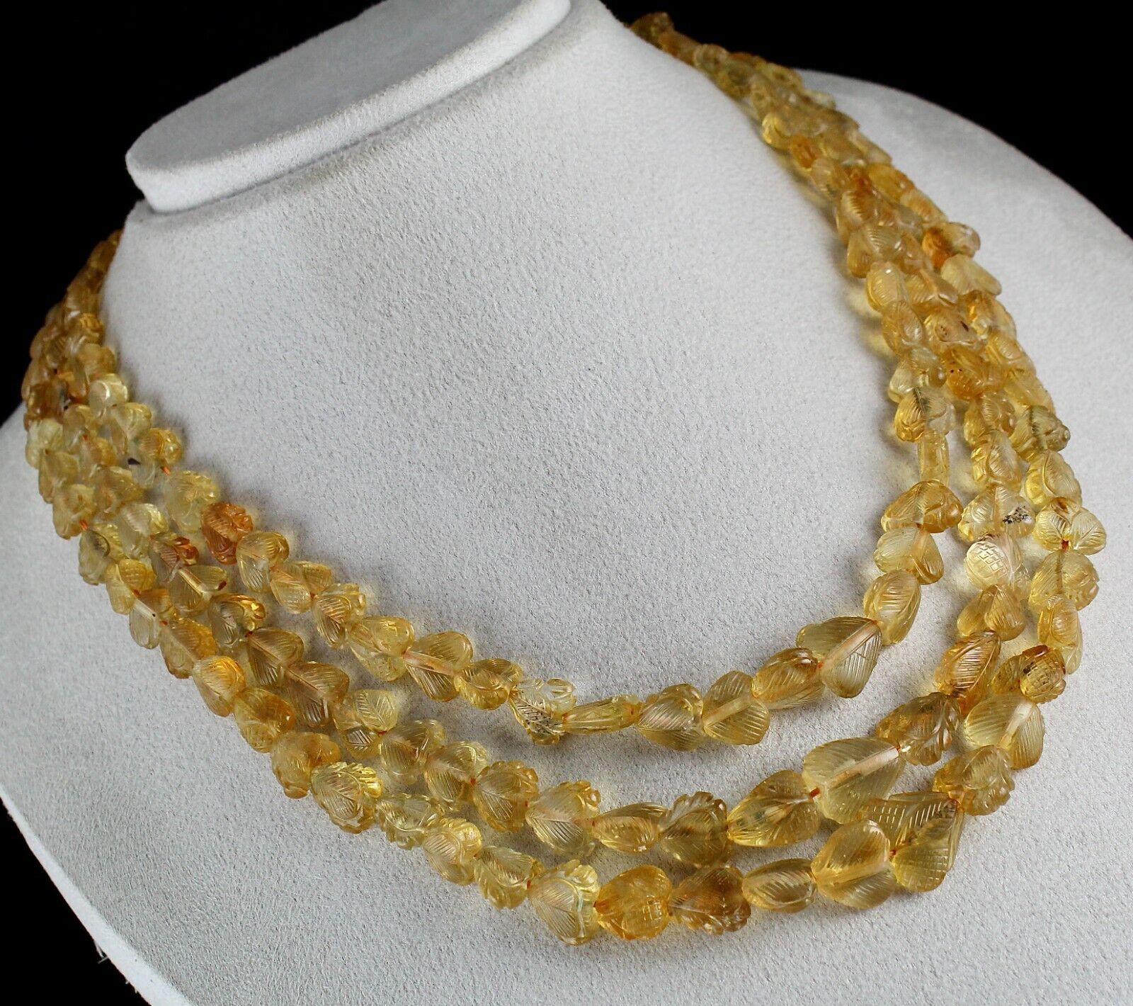 Natural Citrine Beads Carved Heart 3 L 552 Ct Yellow Gemstone Vintage Necklace