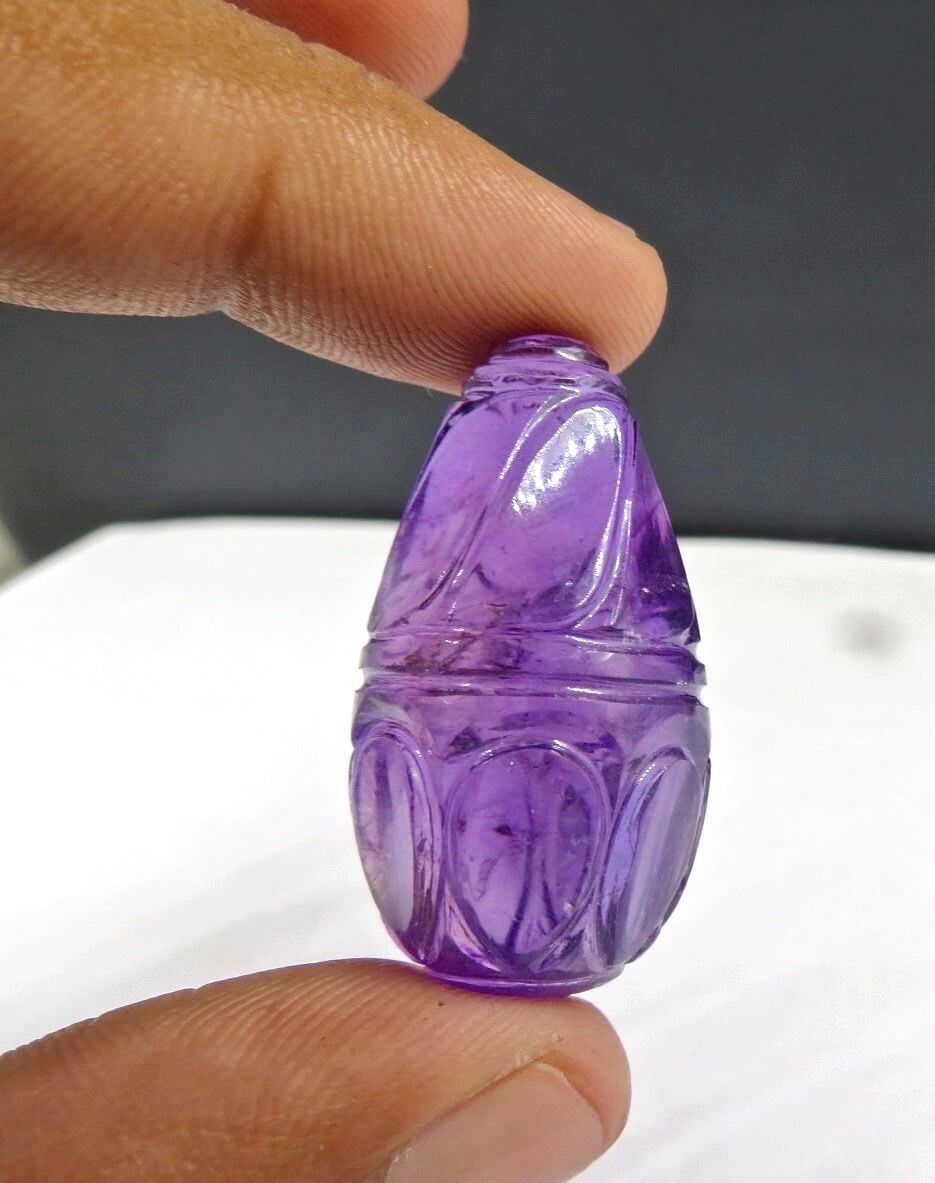 NATURAL AMETHYST CARVED GEMSTONE 37 MM 90 CARATS TEARDROP FOR HANGING IN PENDANT