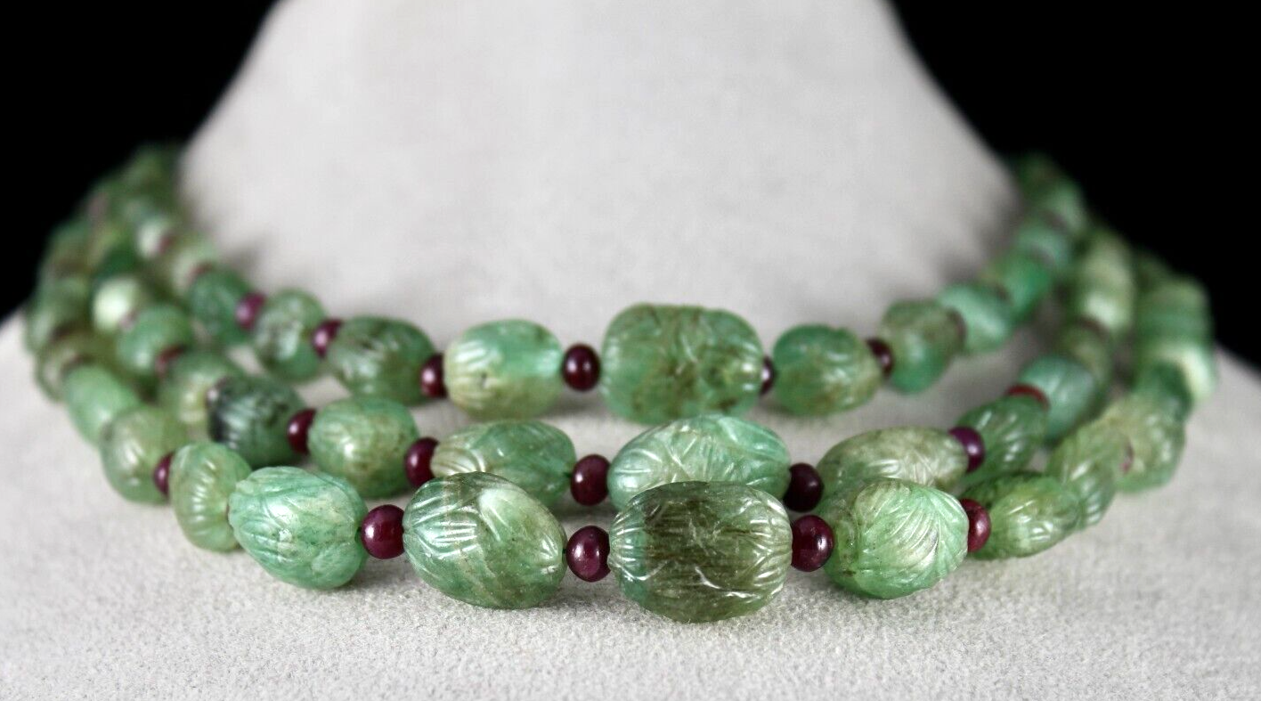 Certified Antique Natural Emerald Ruby 632 Cts Beaded Carved Drill Necklace