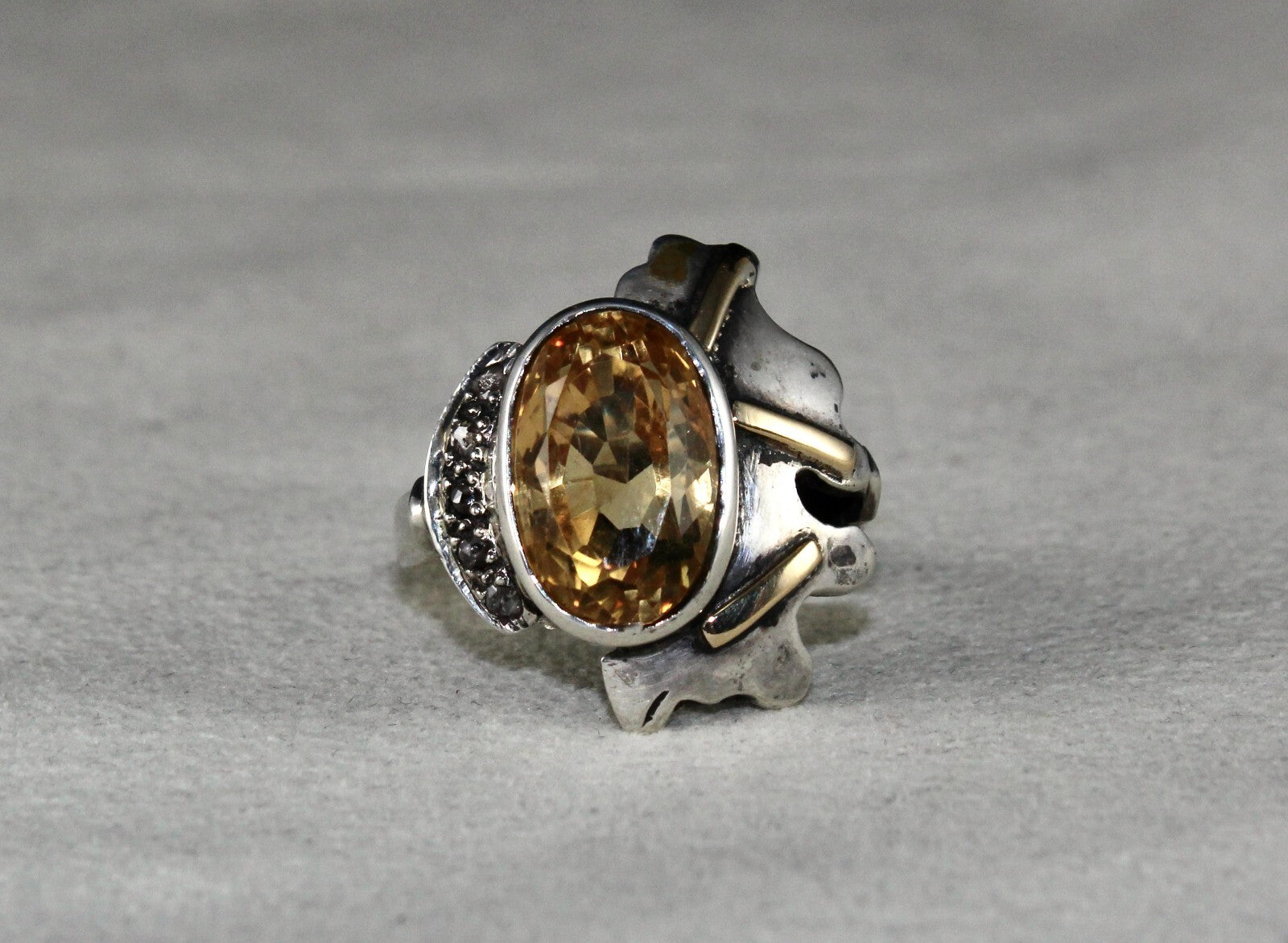 Vintage Natural Yellow Citrine 10ct Natural Diamond 18k Gold Silver Ring