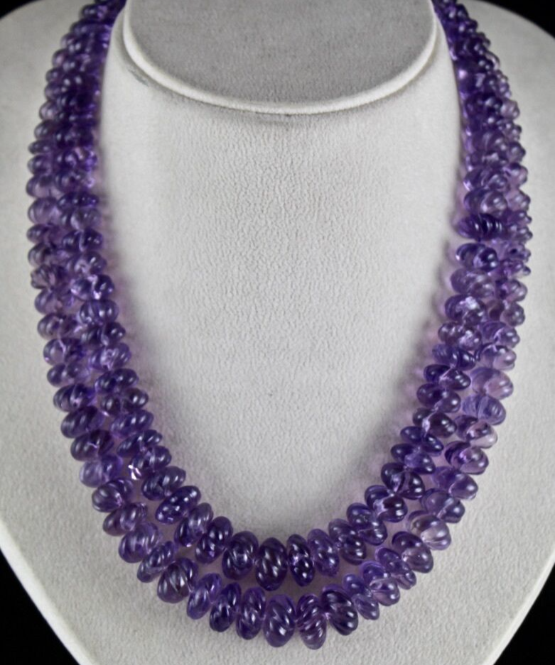 Certified Natural Amethyst Beads Carved Melon Necklace 886 Ct Purple Fashion