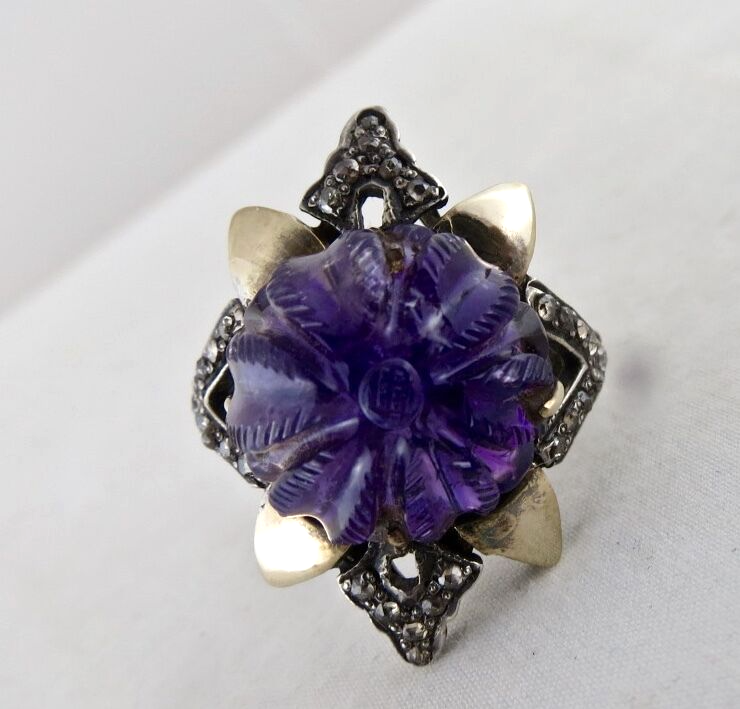 Antique Amethyst Natural Diamond 55ct 18k Gold Sterling Silver Victorian Ring