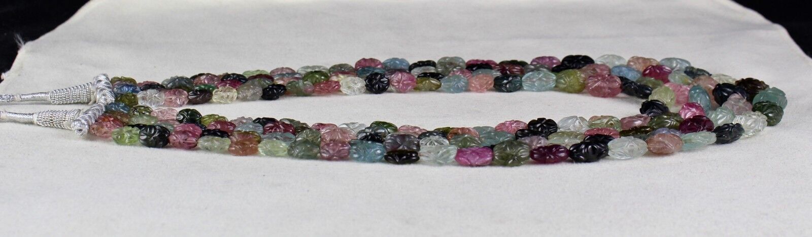 Natural Multi Tourmaline Aquamarine Beads Engraved 564 Ct Gemstone Old Necklace