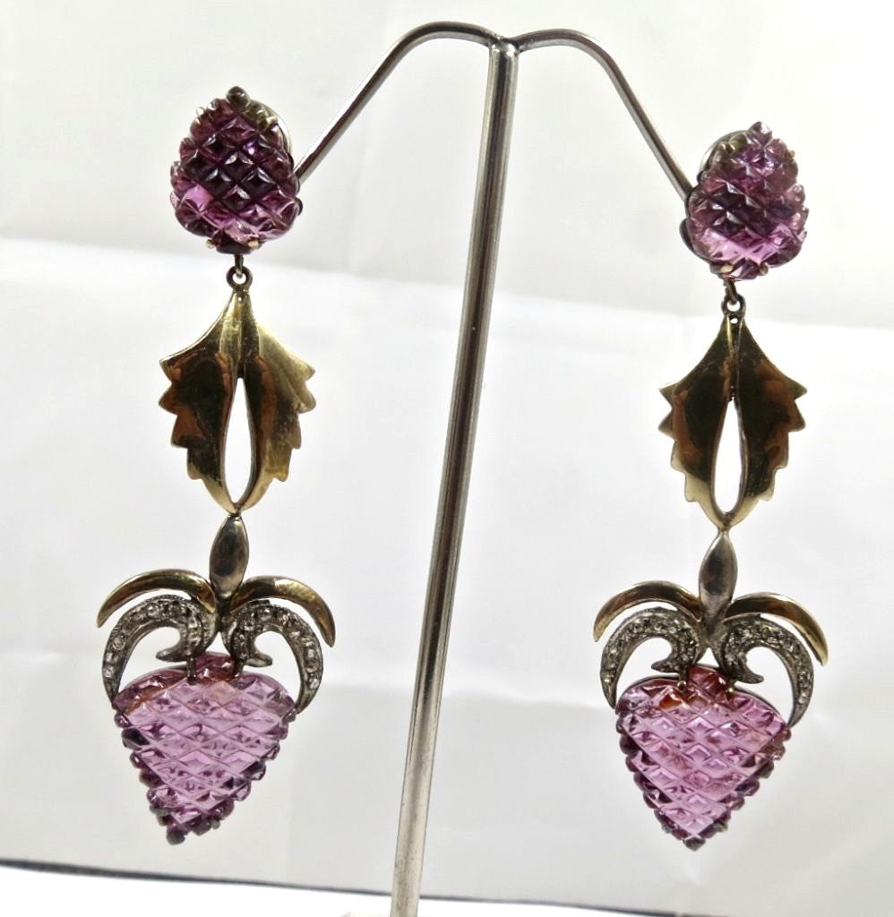Certified Natural Pink Tourmaline 10ct Carved Diamond Sterling Silver Earrings