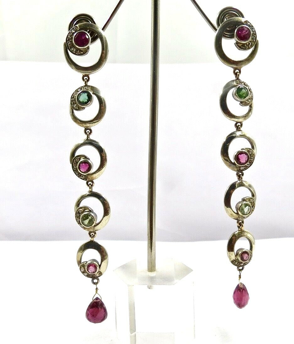 Victorian Multi Colour Tourmaline 10ct Natural Diamond Sterling Silver Earrings