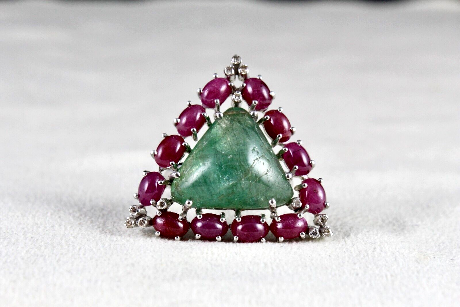 Antique Emerald 10ct Ruby Cabochon Natural Diamond Sterling Silver Ring