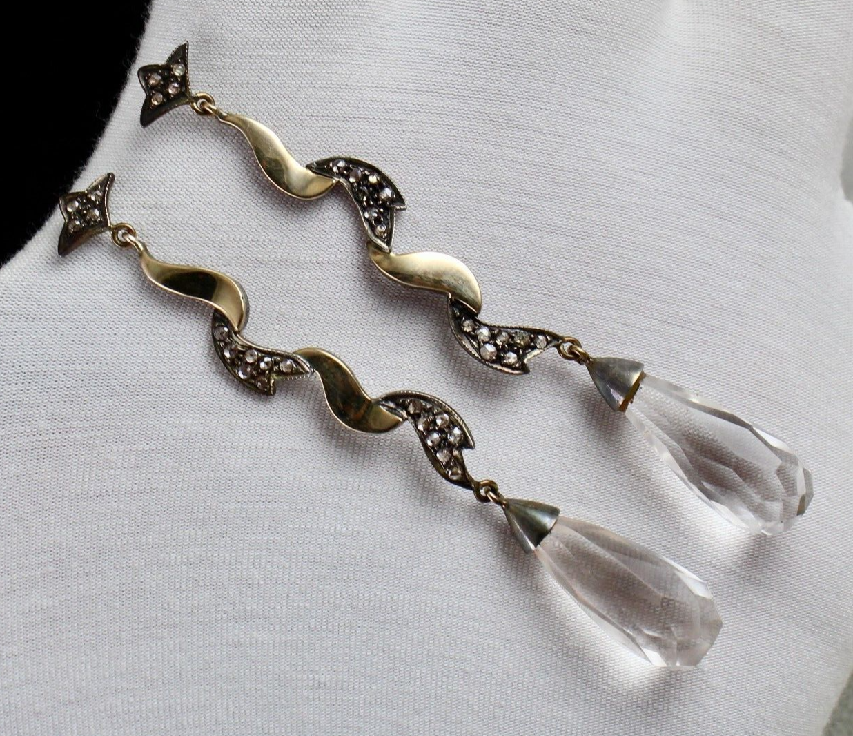 Natural Rock Crystal Quartz 10ct Natural Diamond 18k Gold Victorian Earrings