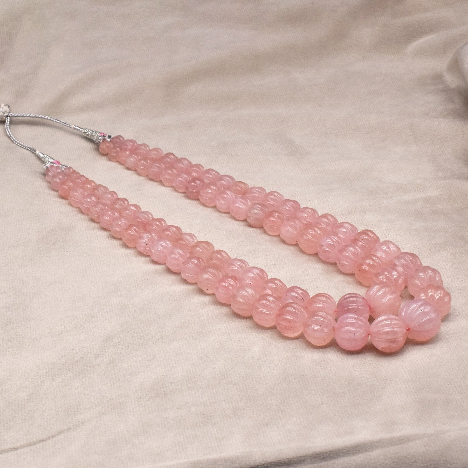 Certified Vintage Rose Quartz 1257 Ct Carved Beads Sterling Silver Necklace