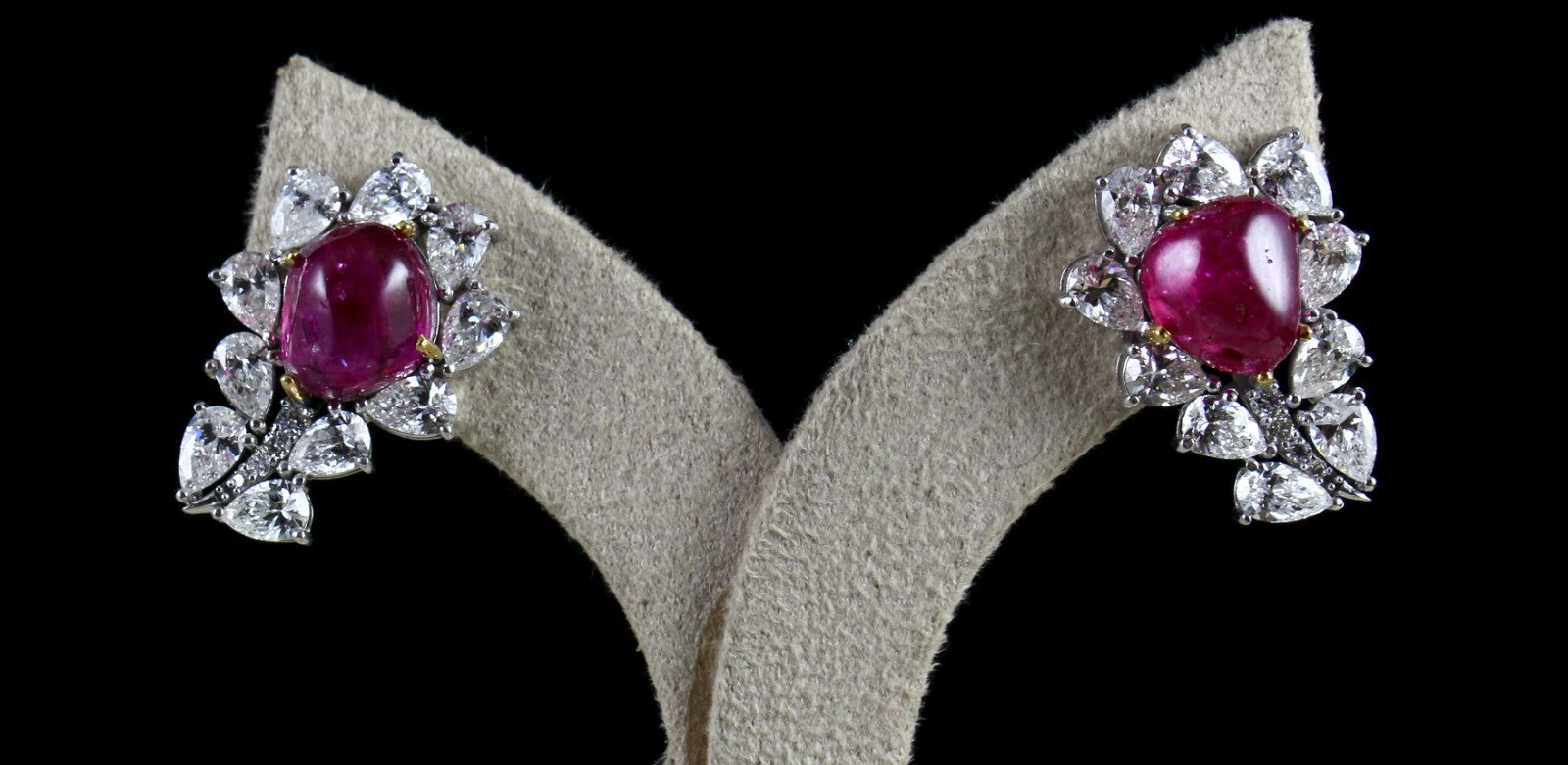 Certified 18k Gold Natural Diamond Burma Ruby Cabochon Stud Earrings 33.9ct