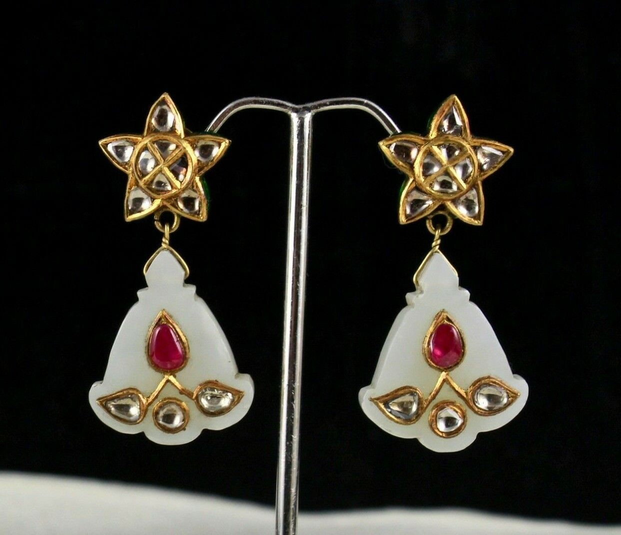 ANTIQUE OLD NEPHRITE JADE RUBY FLAT DIAMOND 18K GOLD JADAU STATEMENT EARRING