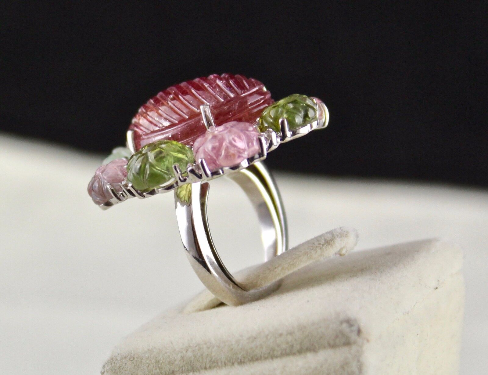 Exclusive Natural Multi Tourmaline Carved Gemstone Diamond Silver Statement Ring