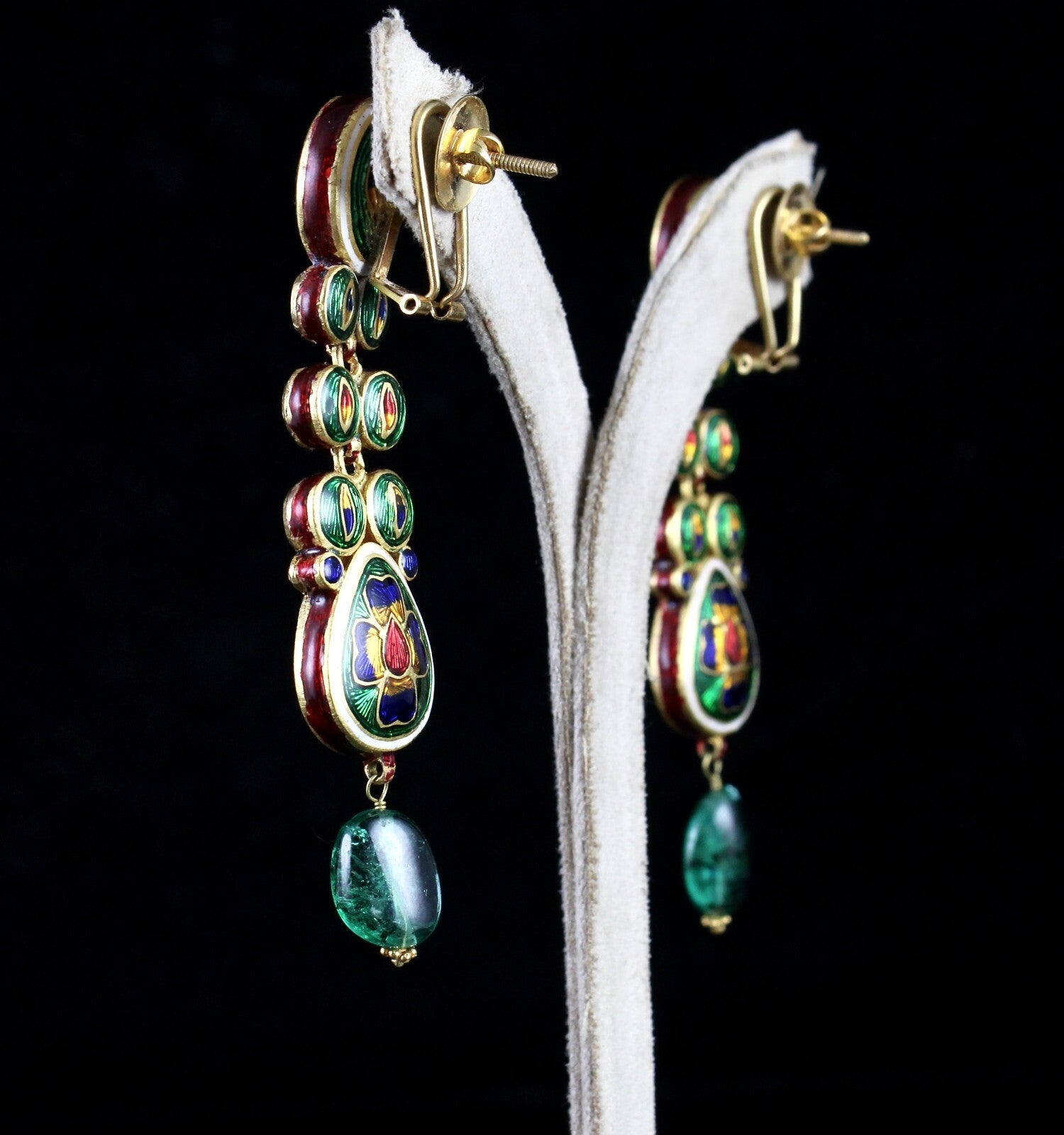 Certified Old Natural Diamond Cut Emerald 22k Gold Jadau Dangle Earrings 152.5ct