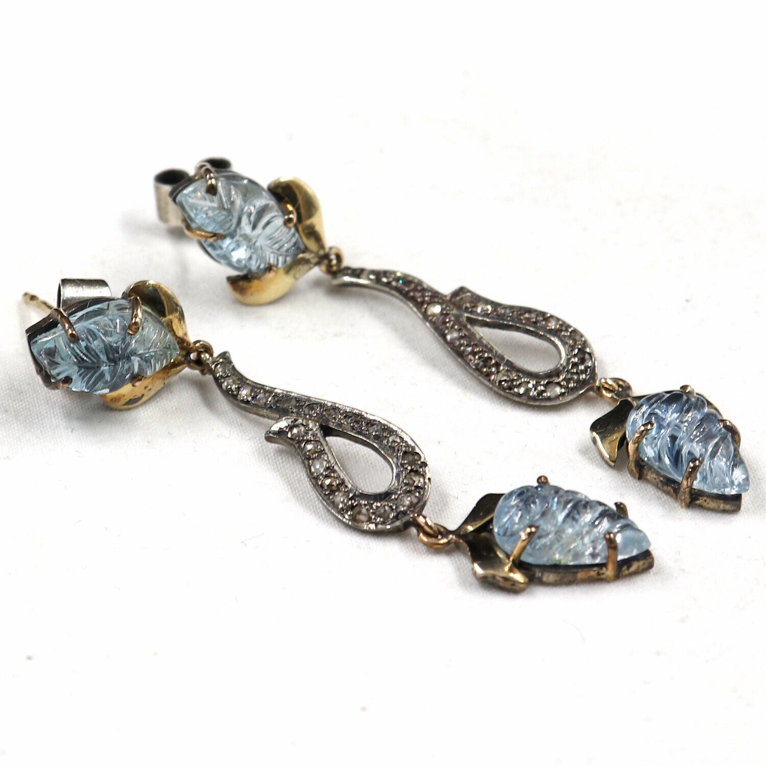 Natural Blue Aquamarine Carved Diamond 18K Gold 925 Silver Victorian Earring