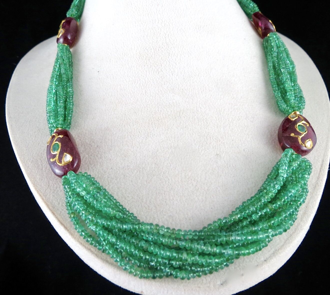 NATURAL EMERALD PINK TOURMALINE BEADS DIAMOND 18K GOLD JADAU LADIES NECKLACE