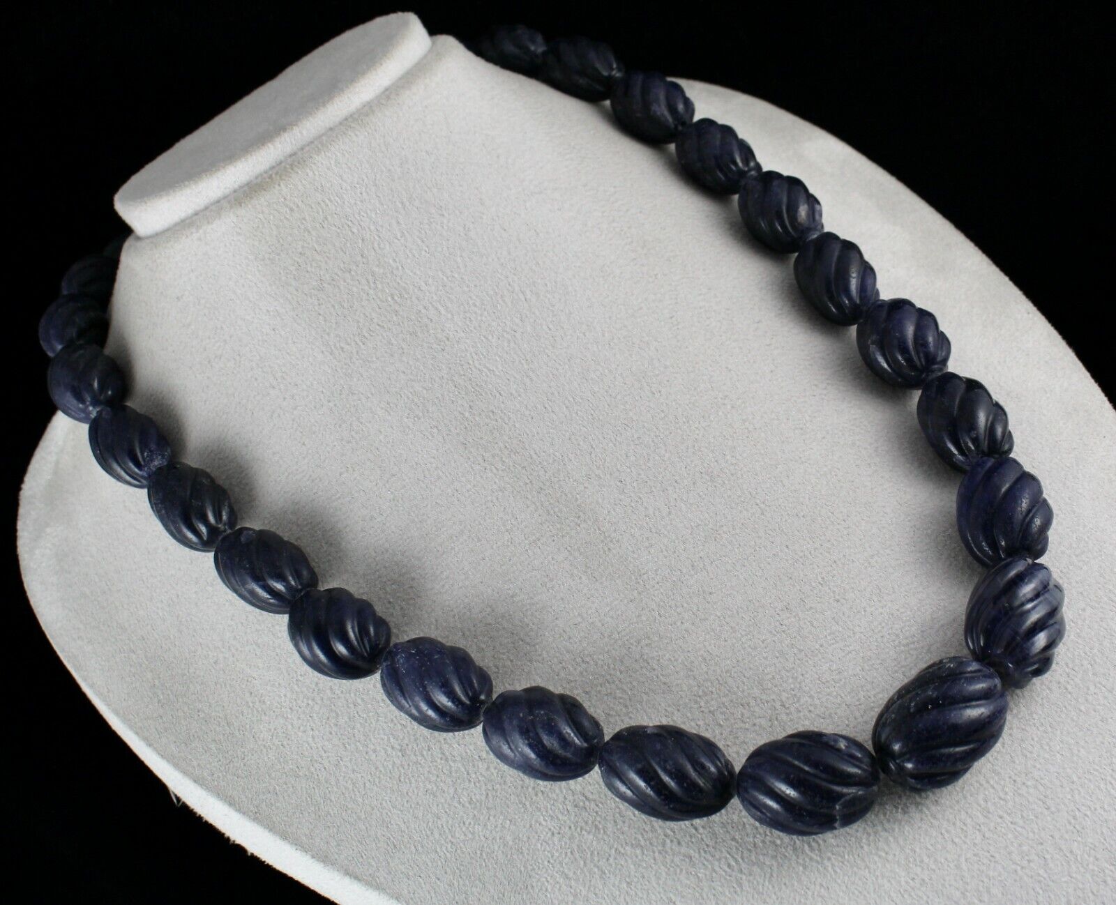 Blue Jade Carved Beaded Necklace 1 Line 1301 Carats Natural Stone Silver Clasp