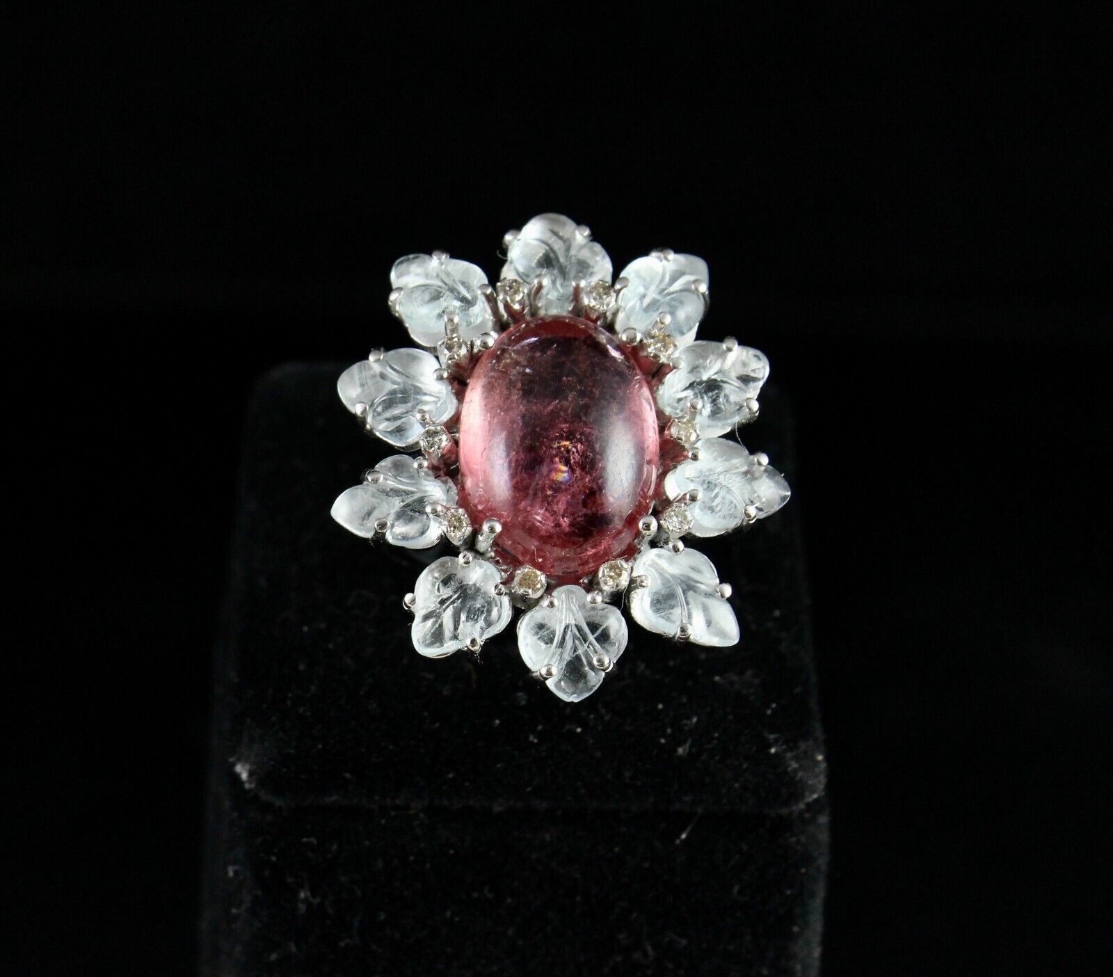 Antique Natural Pink Tourmaline Aquamarine Carved Gemstone Silver Victorian Ring