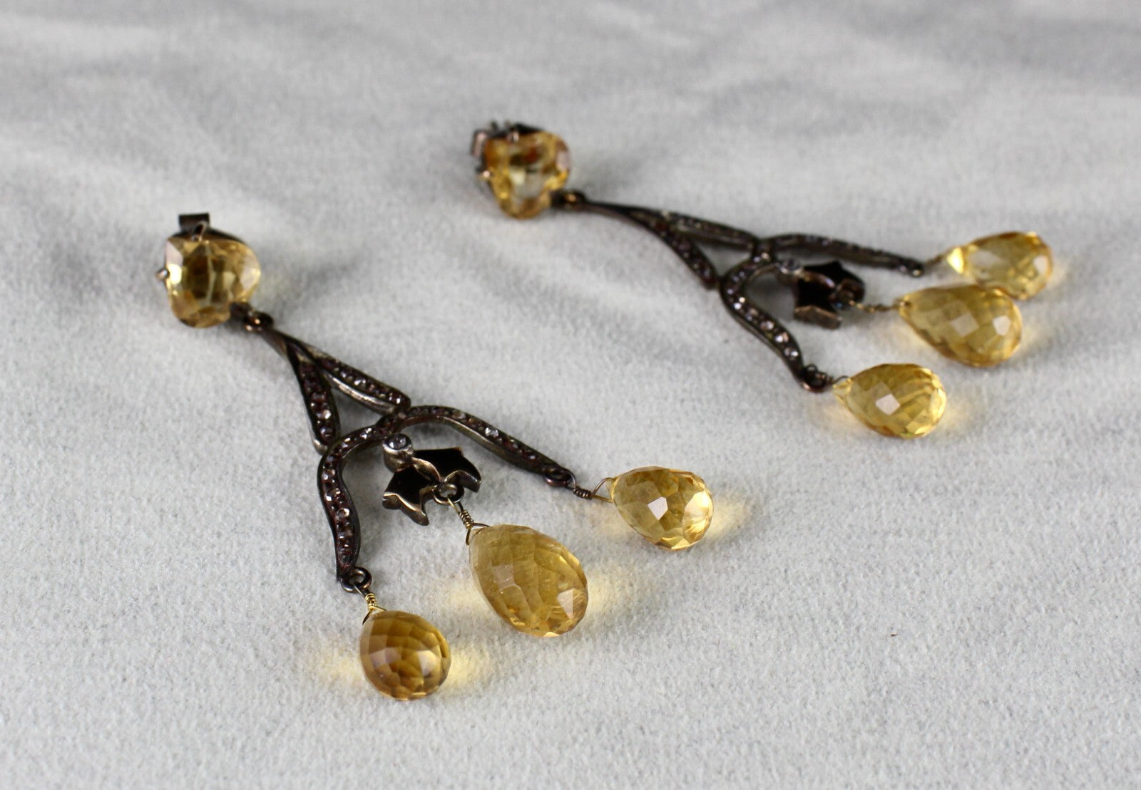 Certified Natural Citrine 10ct Drops Diamond Sterling Silver Victorian Earrings