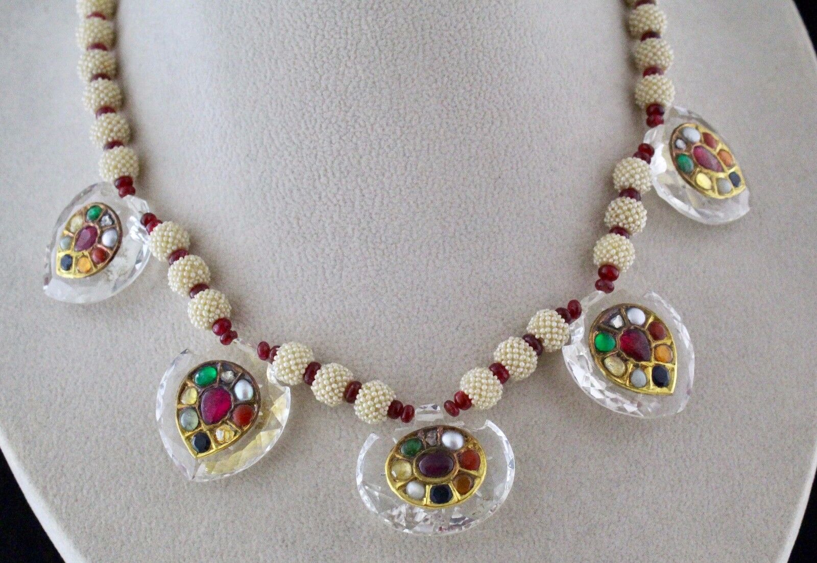 NATURAL ROCK CRYSTAL NAVRATAN 22K GOLD JADAU PEARL SPINEL BEADS NECKLACE