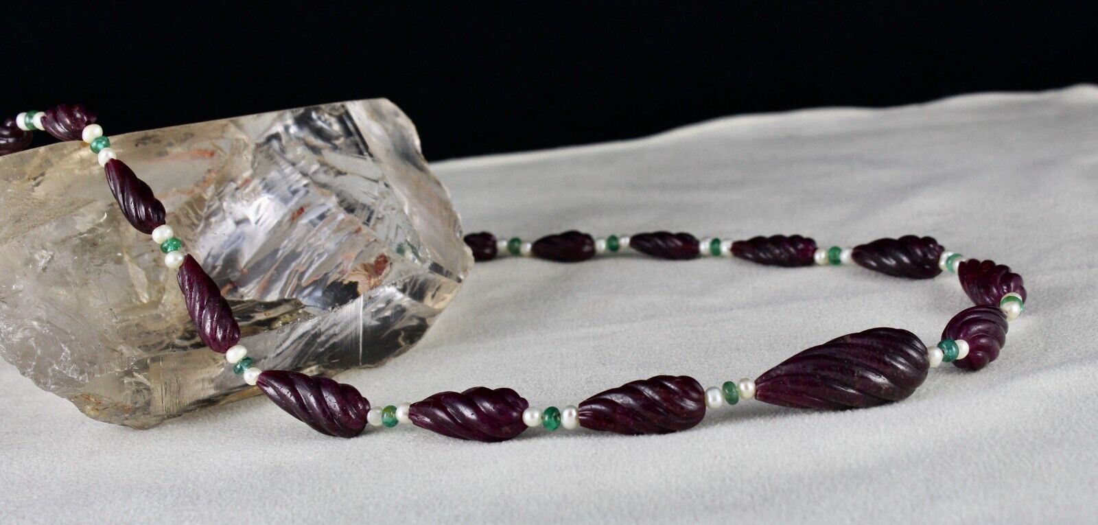 NATURAL RUBY BEADS CARVED TEAR DROPS 257 CTS EMERALD PEARL GEMSTONE NECKLACE