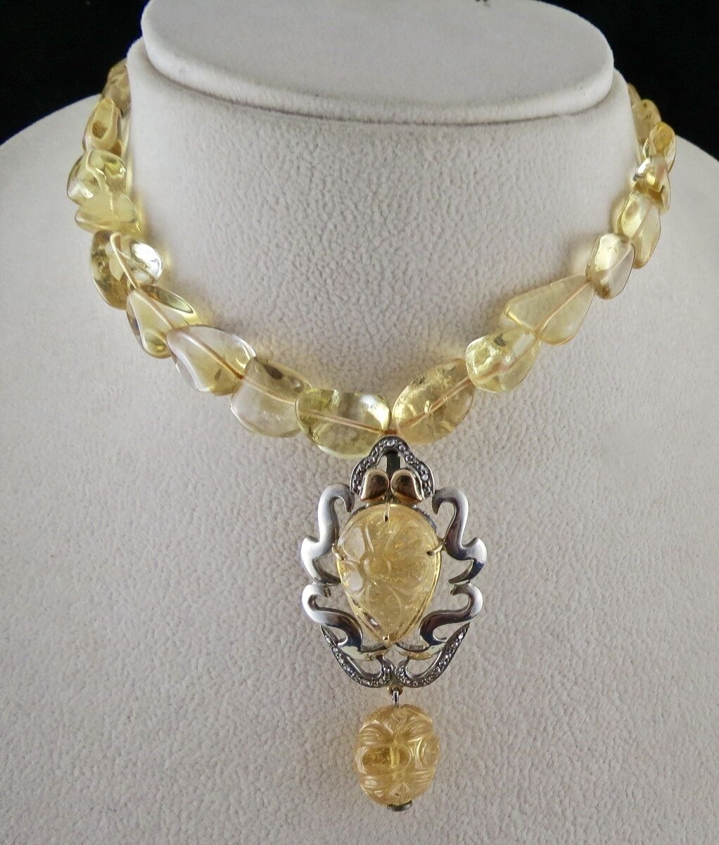 CITRINE CARVED DIAMOND 18K GOLD 925 SILVER VICTORIAN PENDANT LONG BEADS NECKLACE