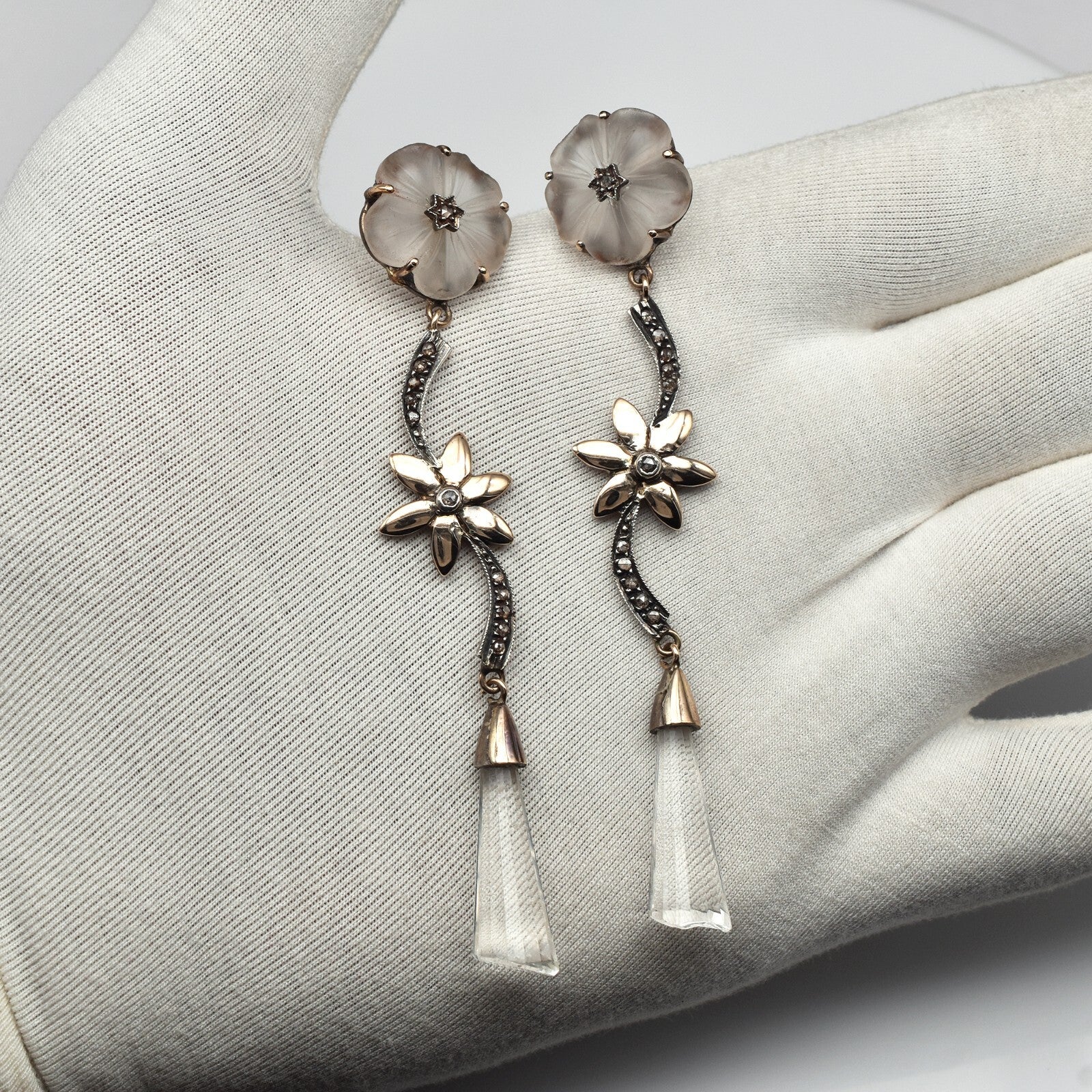 Natural Rock Crystal Quartz 100ct Natural Diamond 18k & Sterling Silver Earrings