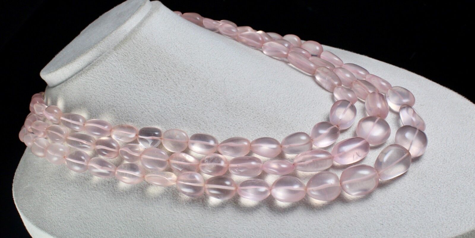 NATURAL ROSE QUARTZ BEADS CABOCHON 3 LINE 1415 CARATS GEMSTONE FASHION NECKLACE