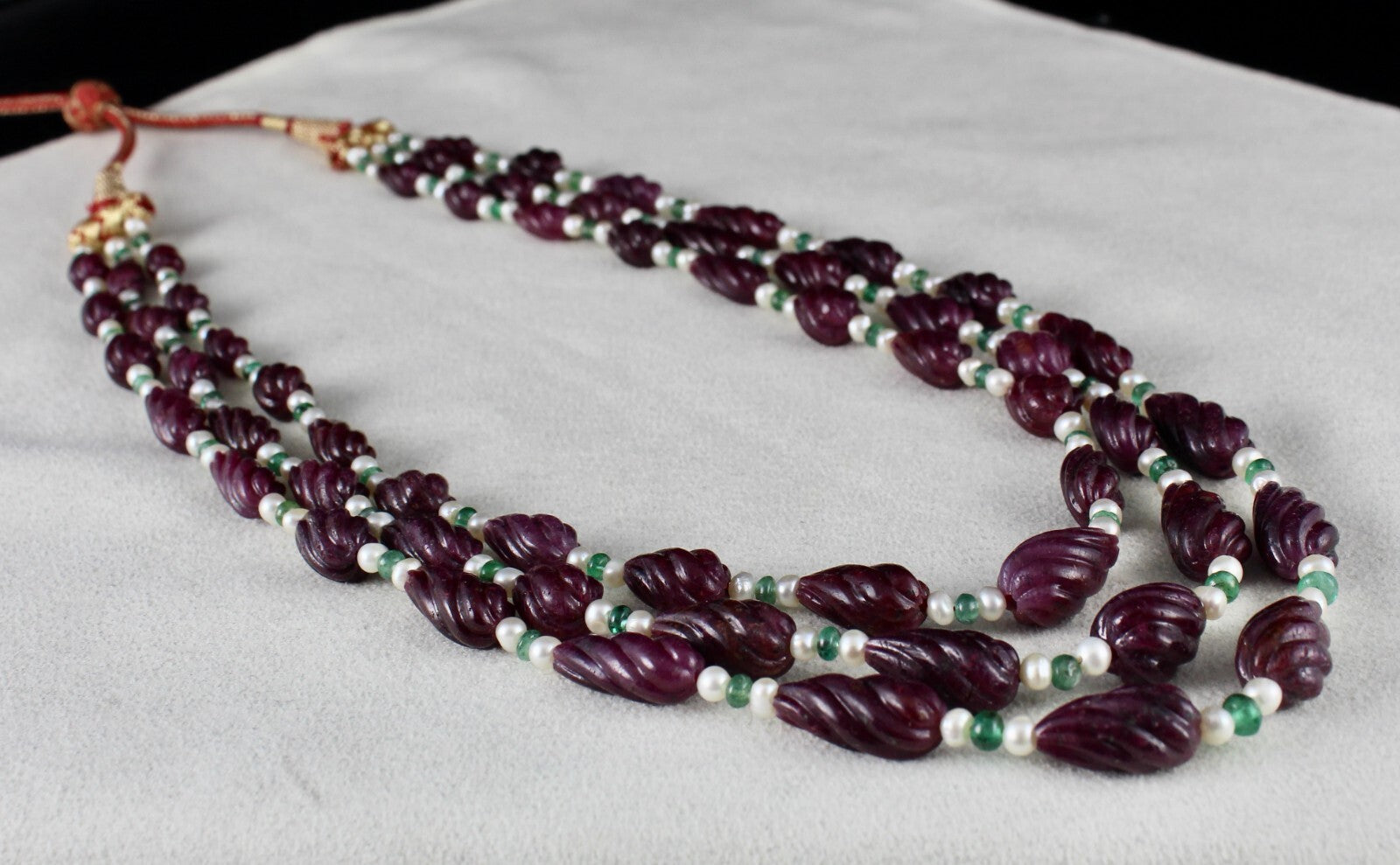 Certified Natural Ruby 525ct Carved Tear Drops Emerald Pearl Necklace