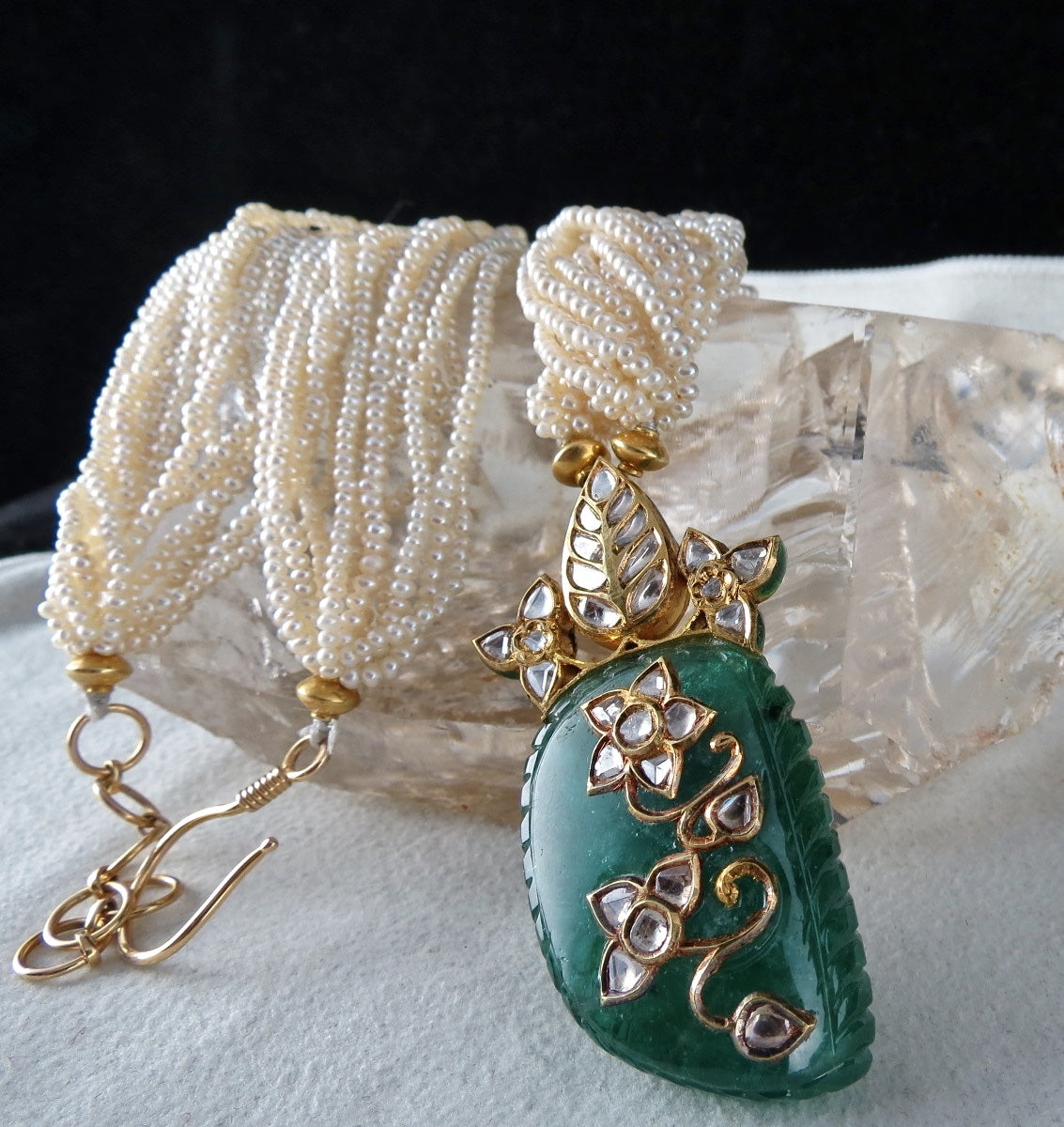 Certified Natural Zambia Emerald 10ct Natural Diamond Gold Jadau Necklace