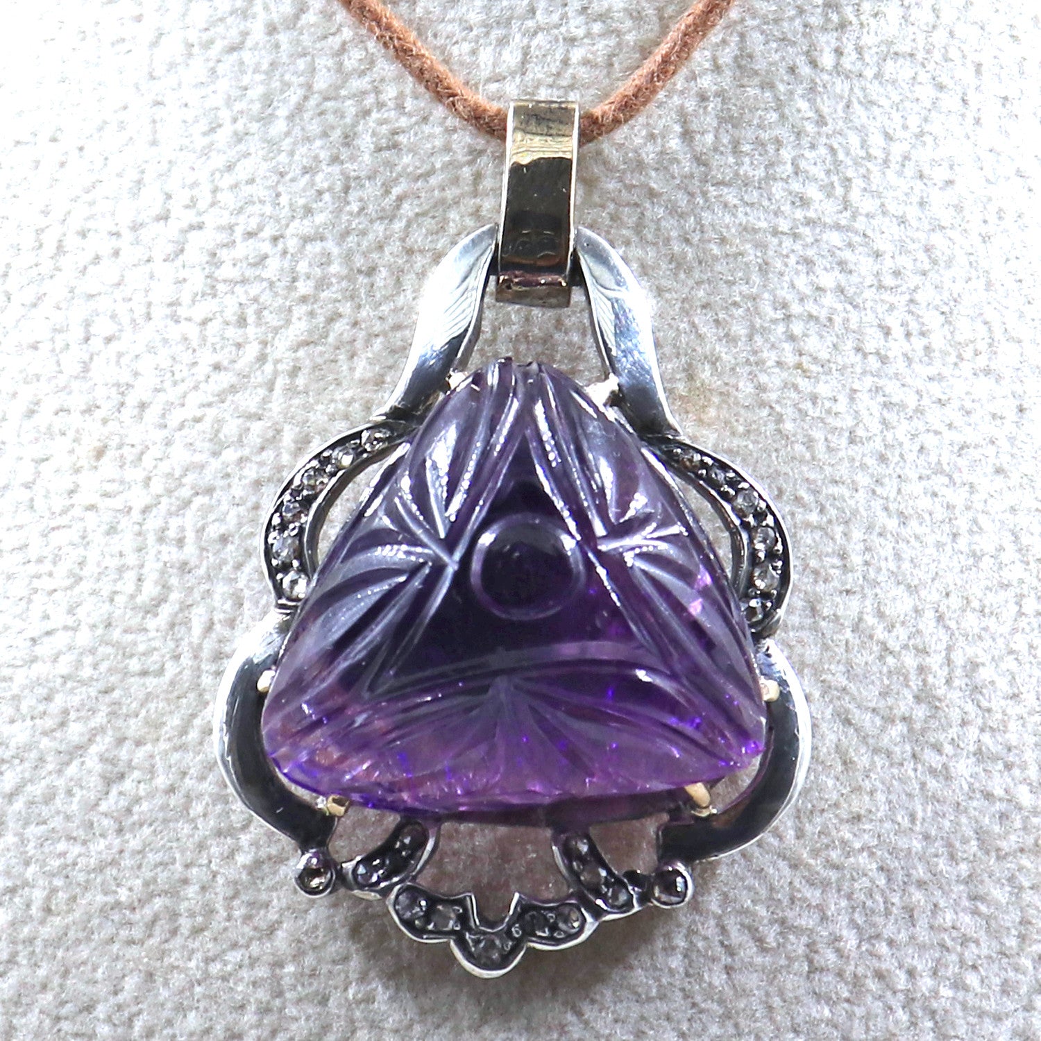 Antique Natural Amethyst 10ct Carved Diamond Victorian Pendant Sterling Silver