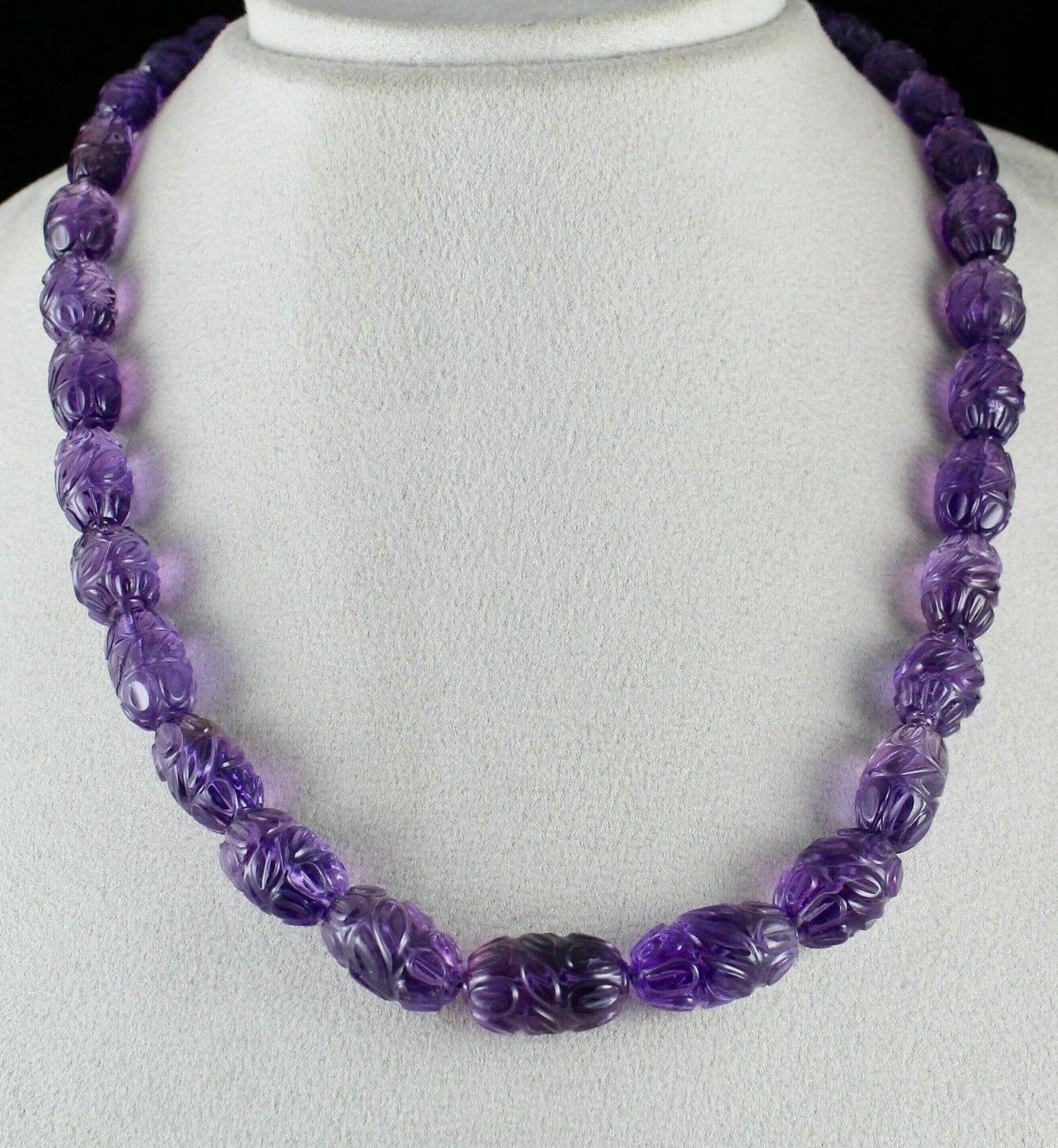 Top Natural Amethyst Beads Carved Long 488 Ct Gemstone Silver Vintage Necklace