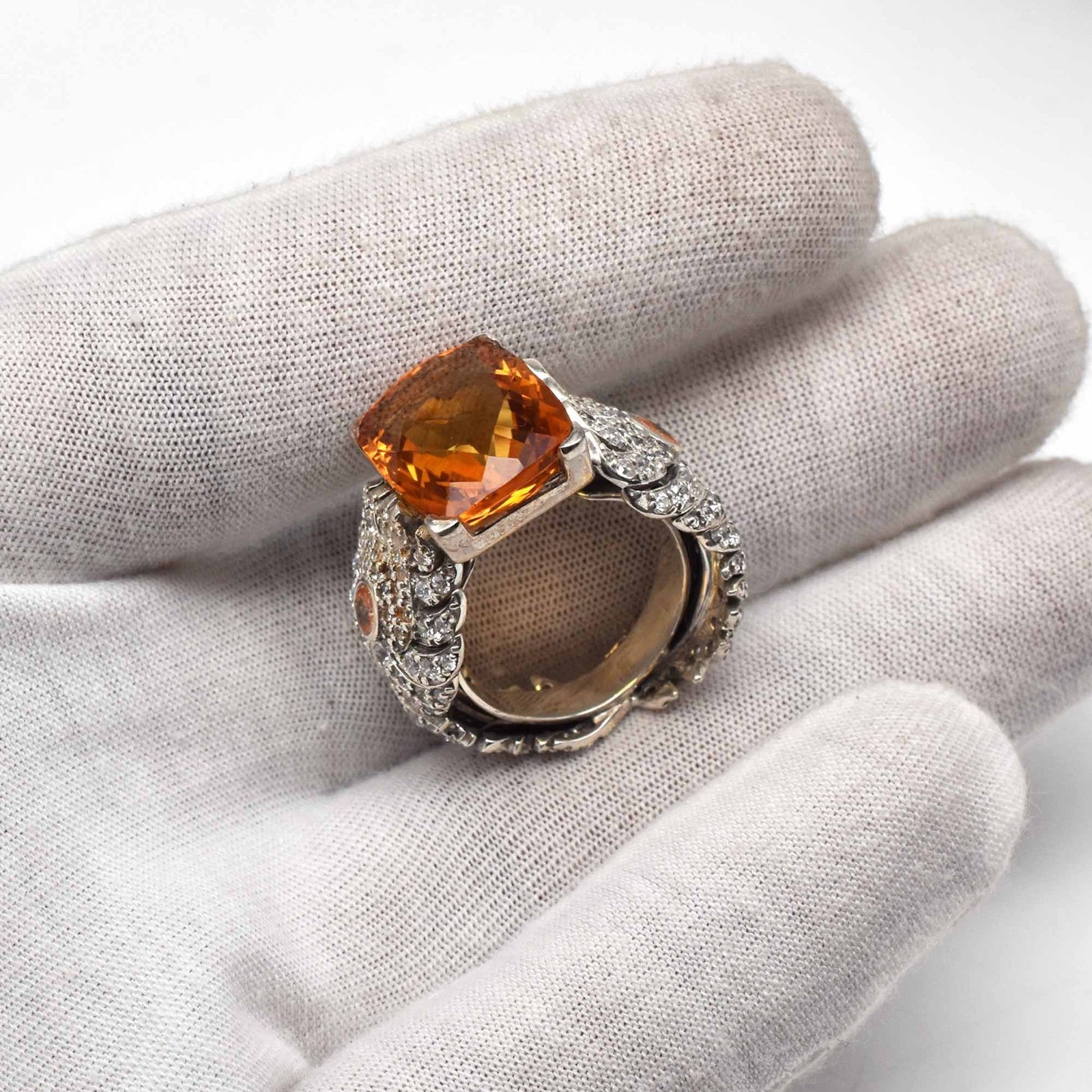 Natural Yellow Citrine Cushion Cubic Zirconia Top Gemstone Silver Cocktail Ring