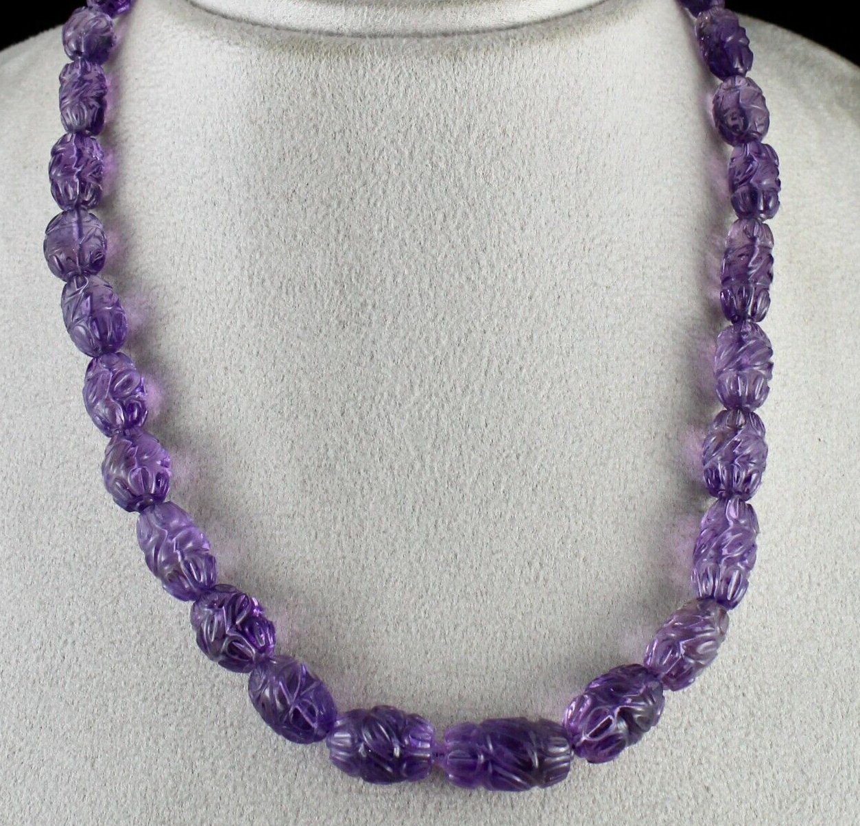 ANTIQUE NATURAL AMETHYST BEADS CARVED LONG 332 CARATS GEMSTONE SILVER NECKLACE