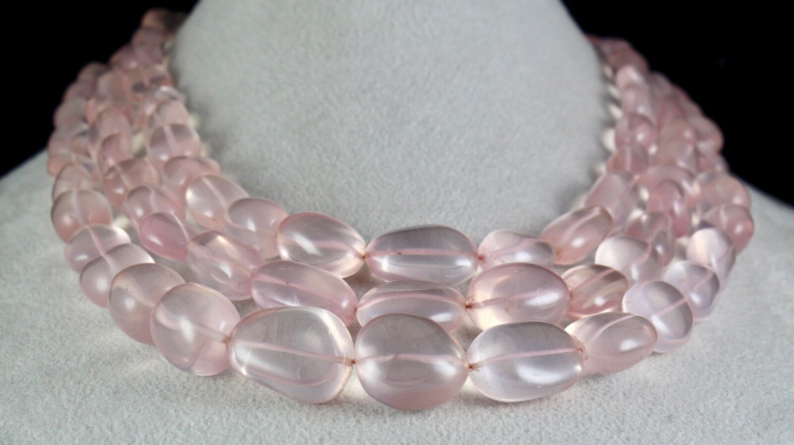 NATURAL ROSE QUARTZ BEADS CABOCHON 3 LINE 1415 CARATS GEMSTONE FASHION NECKLACE