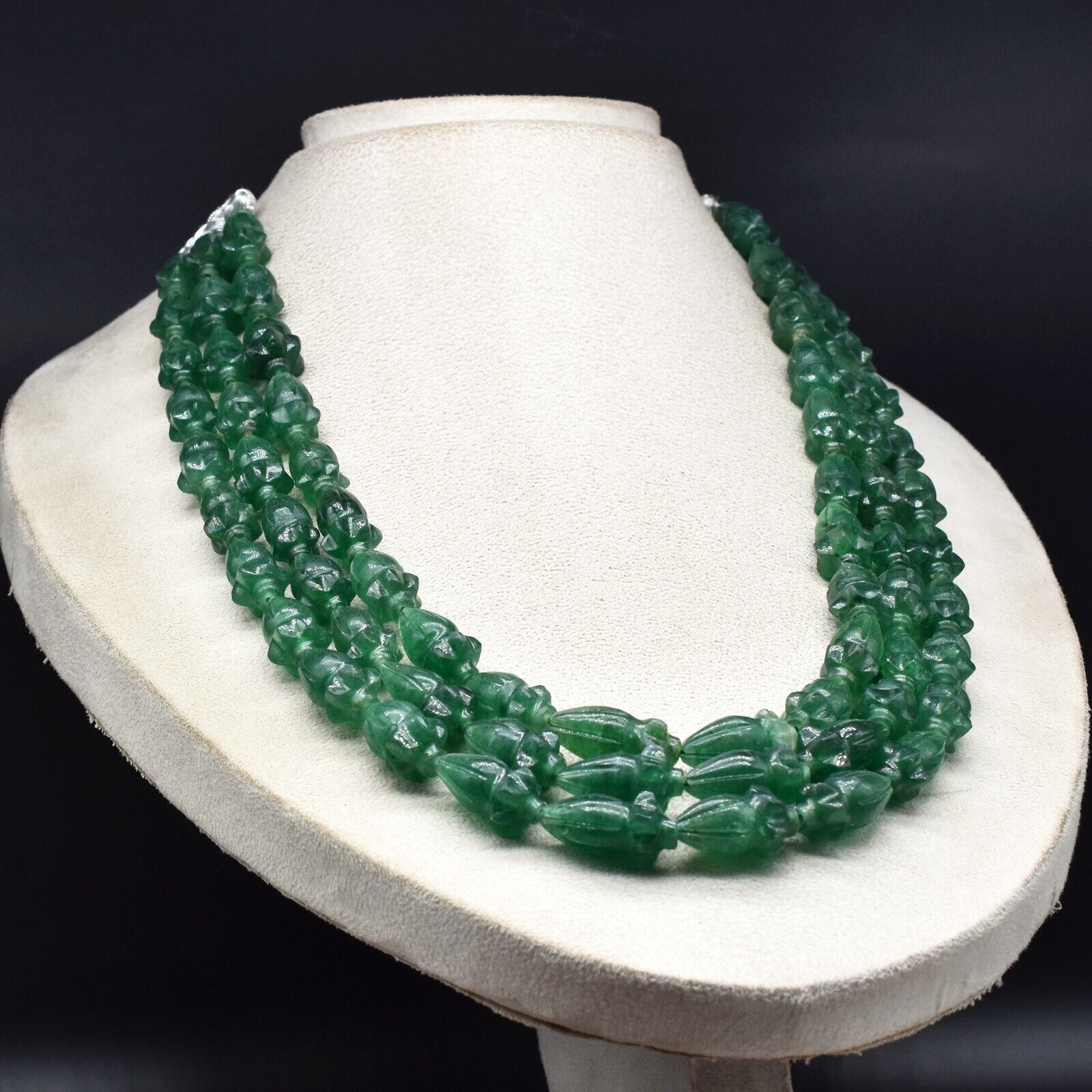 Natural Green Quartz Engraved Beaded Necklace 3 Line 1059 Ct Old Carved Gemstone