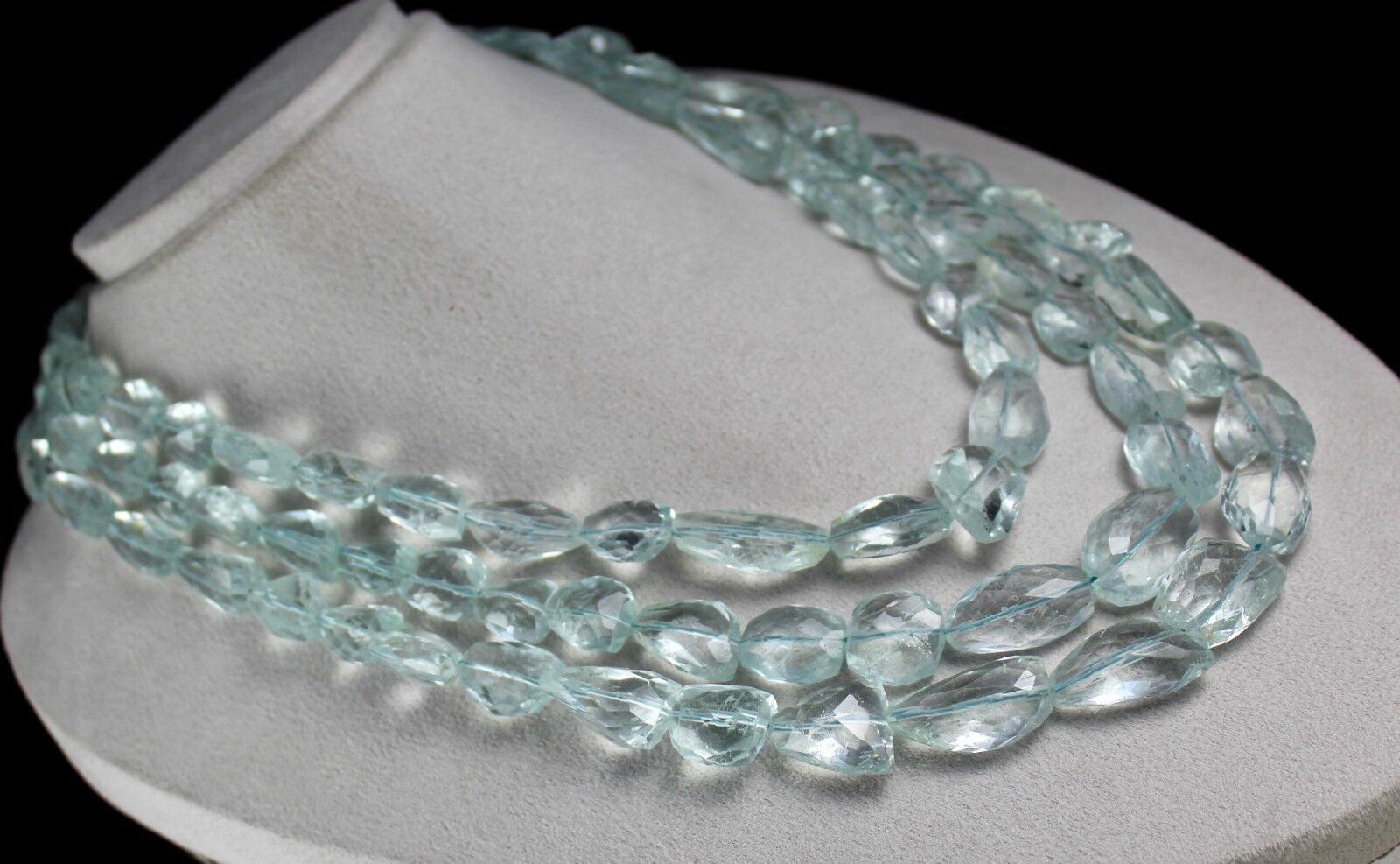 NATURAL UNTREATED AQUAMARINE FACETED TUMBLE BEADS 3 LINE 1557CARATS GEM NECKLACE