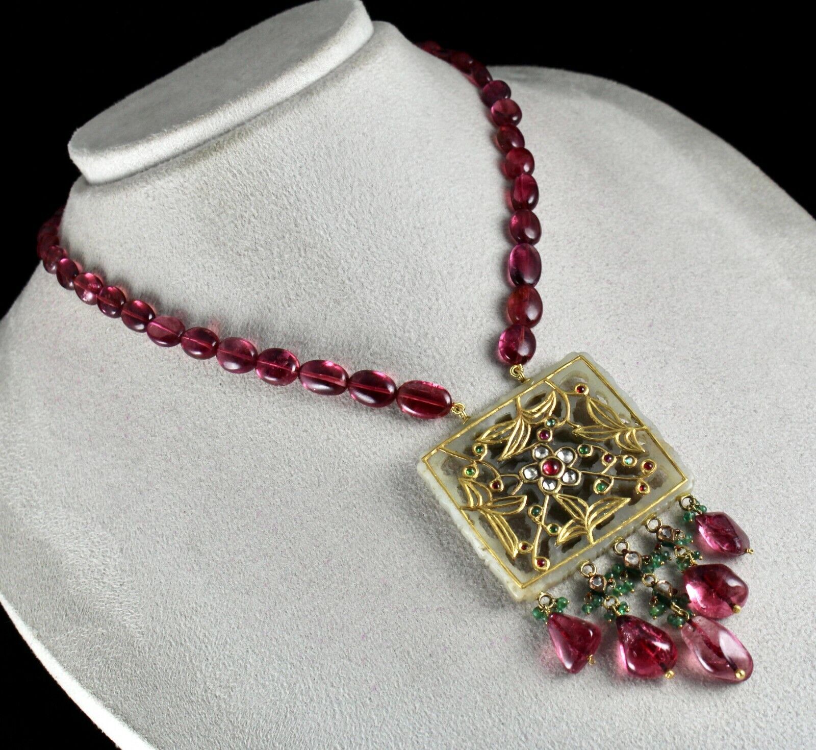 OLD PERSIAN JADE FLAT DIAMOND PINK TOURMALINE BEADS 18K GOLD ANTIQUE PENDANT