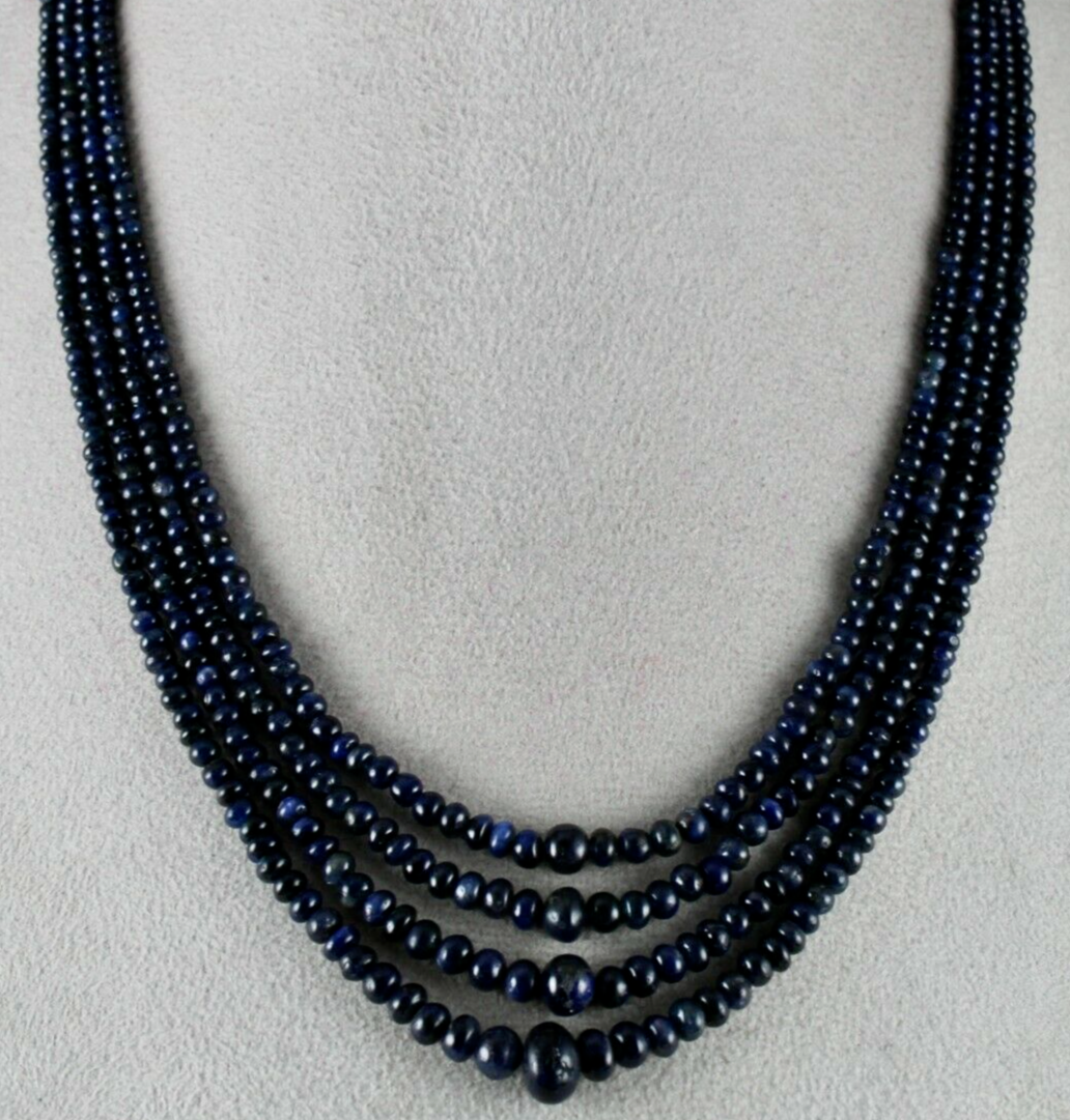 NATURAL BLUE SAPPHIRE BEADS ROUND 4 LINE 380 CTS GEMSTONE COLLECTORS NECKLACE