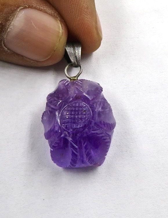 Sterling Silver Natural Amethyst 40ct Carved Oval Pendant Gemstone With Hook