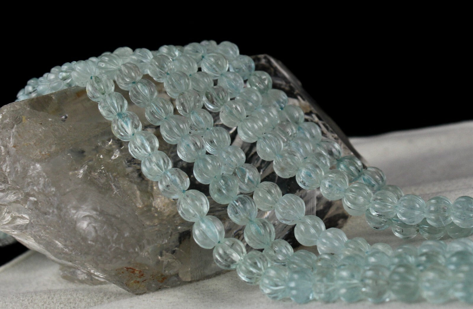 Certified Natural Aquamarine 597 Ct Carved Beads Melon Necklace For Women