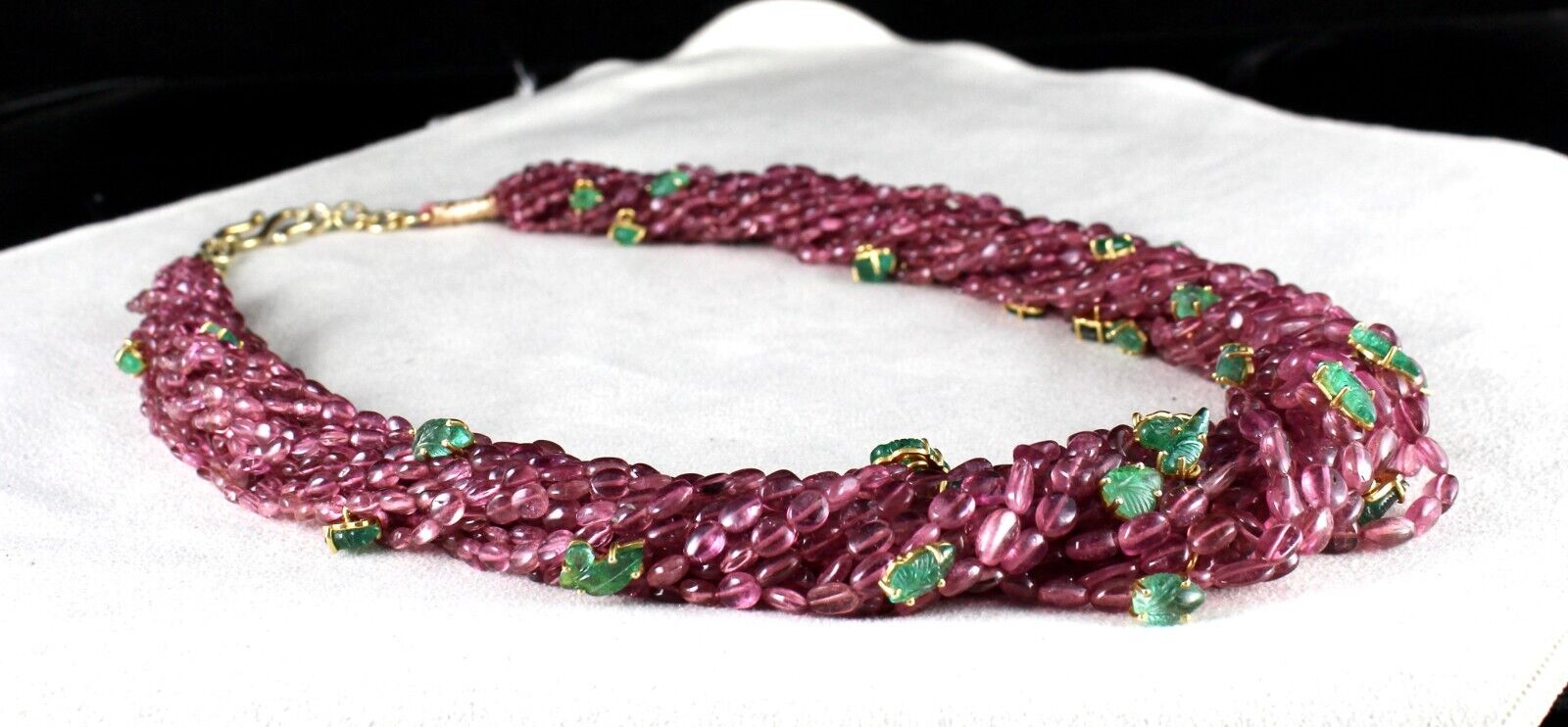 NATURAL PINK TOURMALINE BEADS EMERALD LEAVES 892 CT SILVER STATEMENT NECKLACE