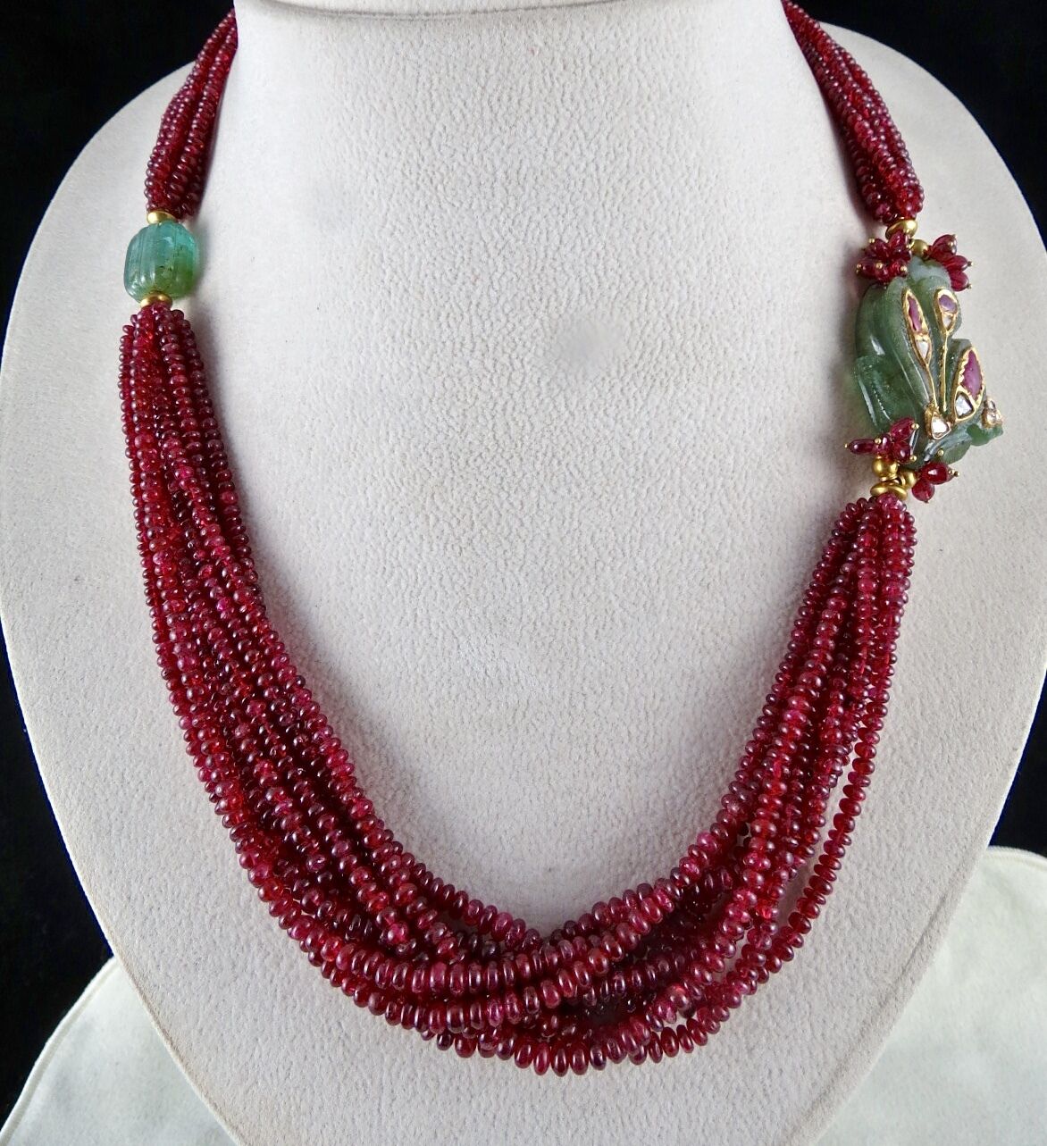 NATURAL ZAMBIAN EMERALD RUBY DIAMOND 22KGOLD JADAU SPINEL BEADS ANTIQUE NECKLACE