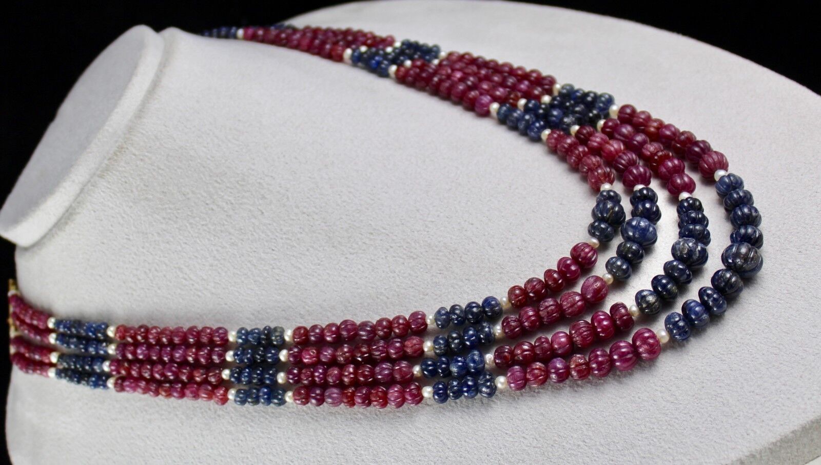 Natural Blue Sapphire Ruby Beads Carved Melon 755 Carats Gemstone Pearl Necklace