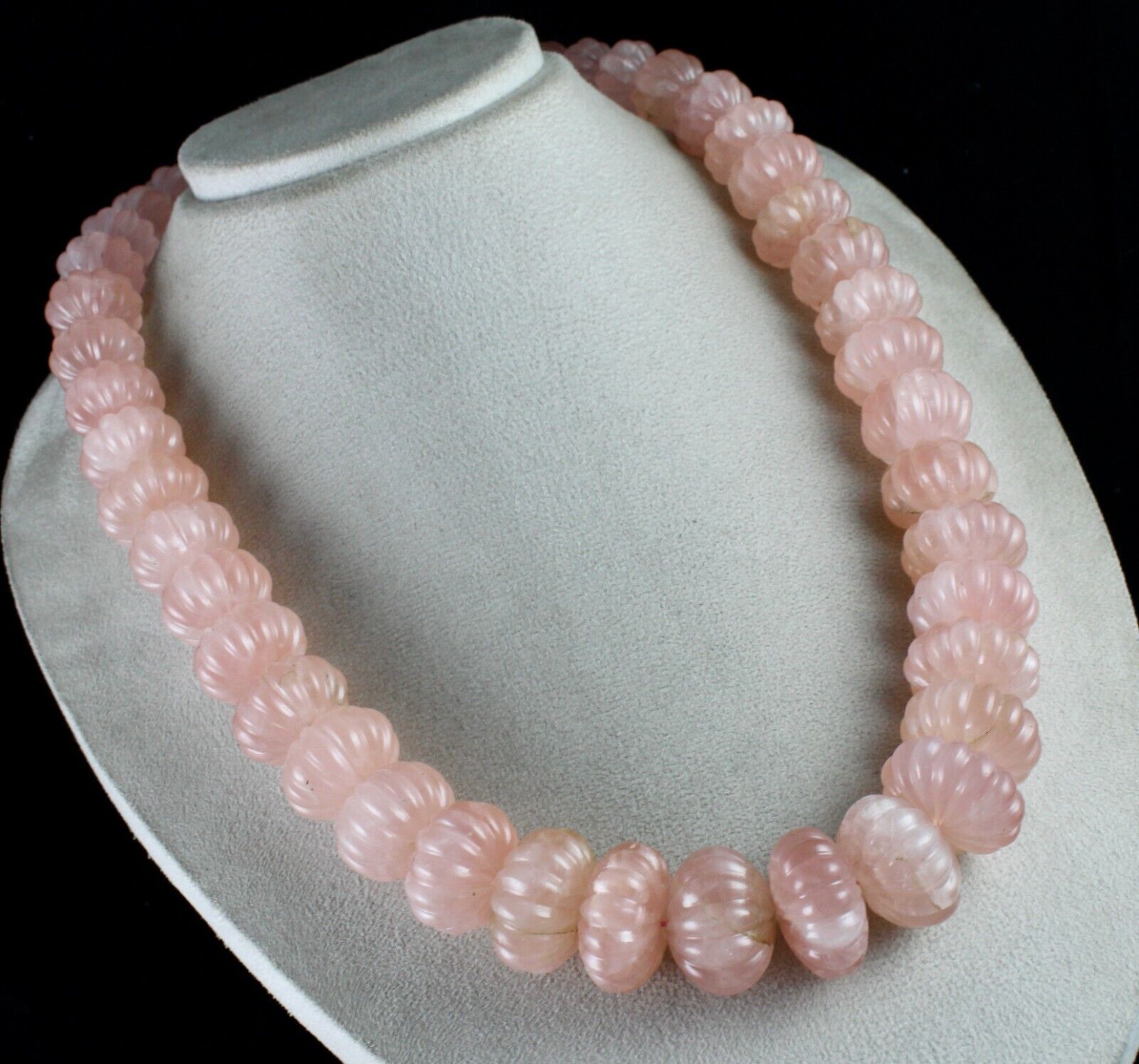 Vintage Natural Rose Quartz Melon Carved Beads 2406 Ct Gemstone Silver Necklace