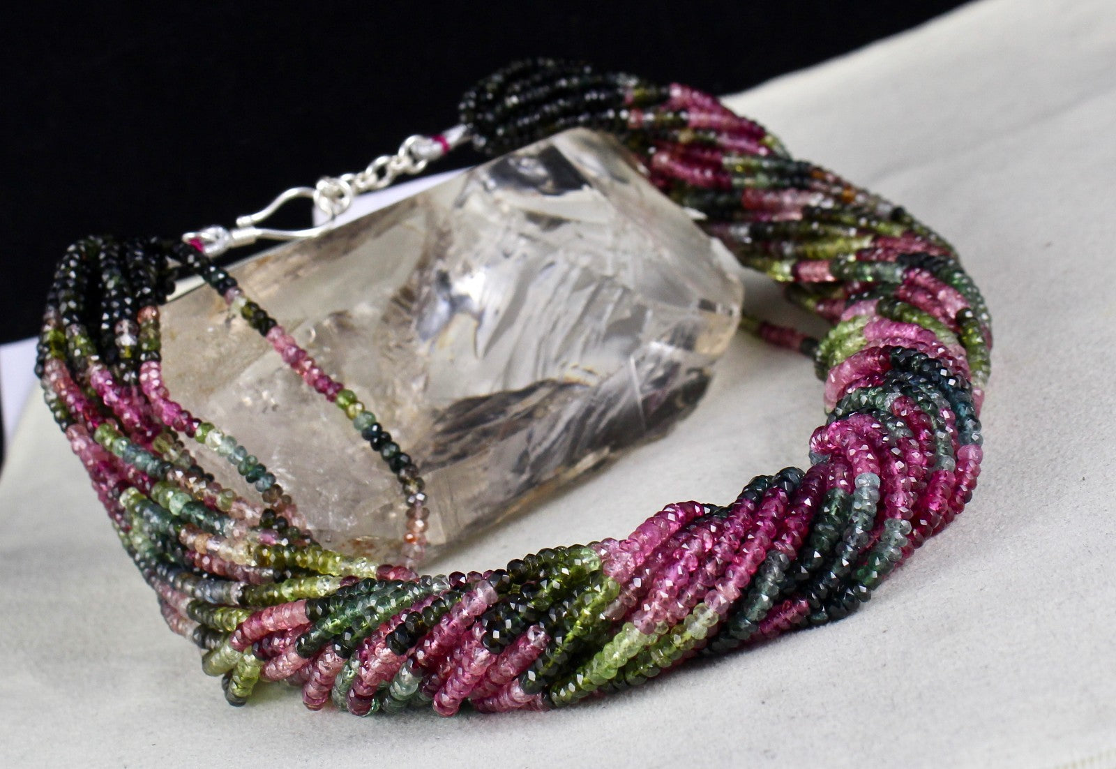 Certified Natural Multi Tourmaline 1025ct Beads Round Sterling Silver Necklace