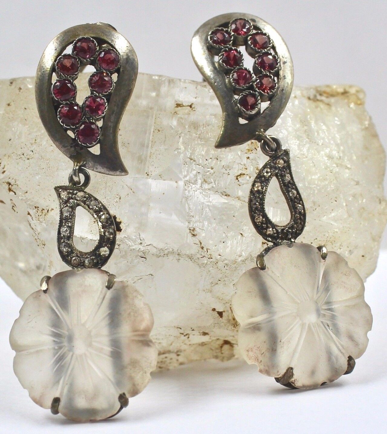 Designer Garnet & Crystal Quartz Carved Flower Diamond 925 Silver Dangle Earring