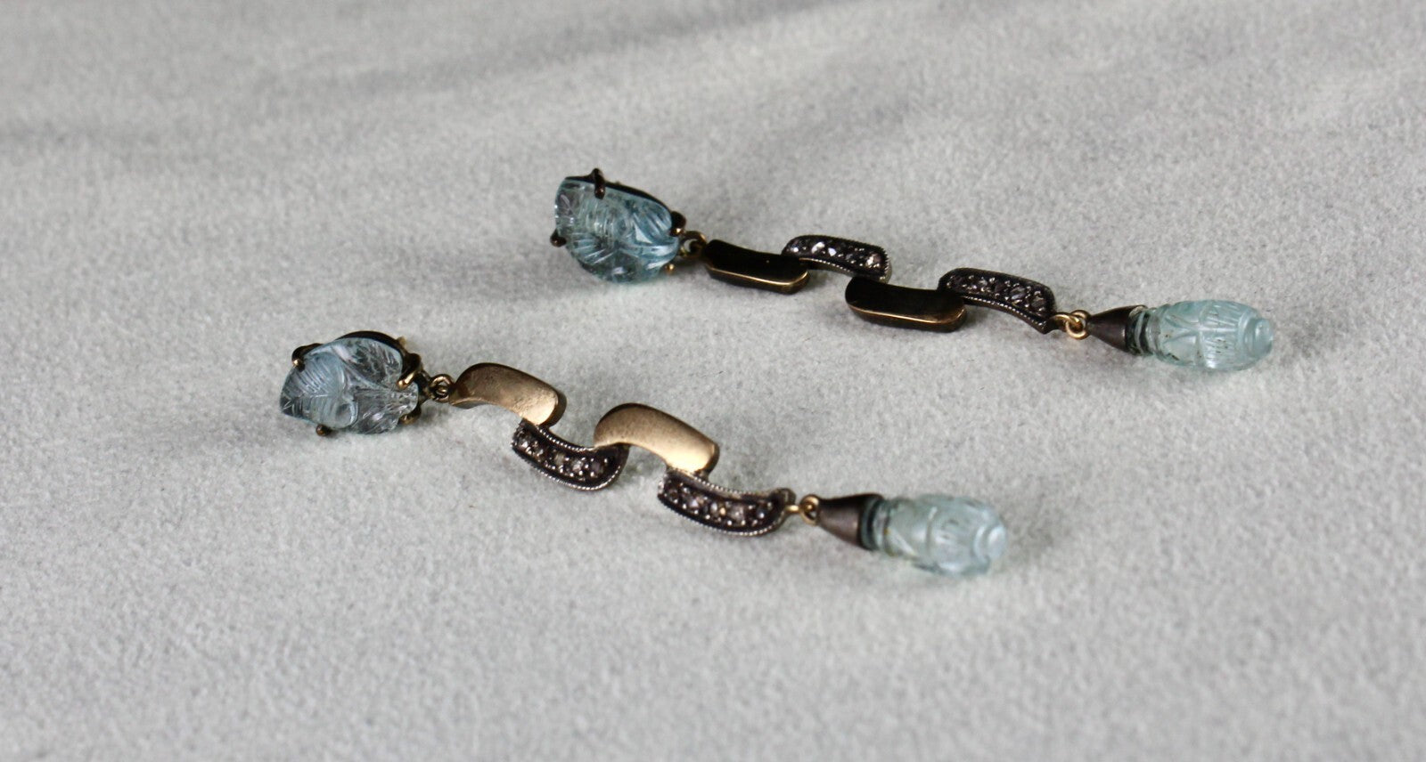 Natural Blue Aquamarine 10ct Carved Natural Diamond 18k Gold 925 Silver Earrings