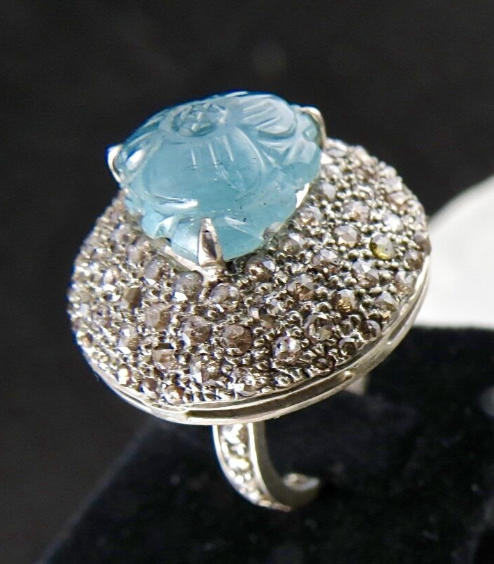 Victorian Sterling Silver Blue Aquamarine 10.00ct Natural Diamond Ring For Women