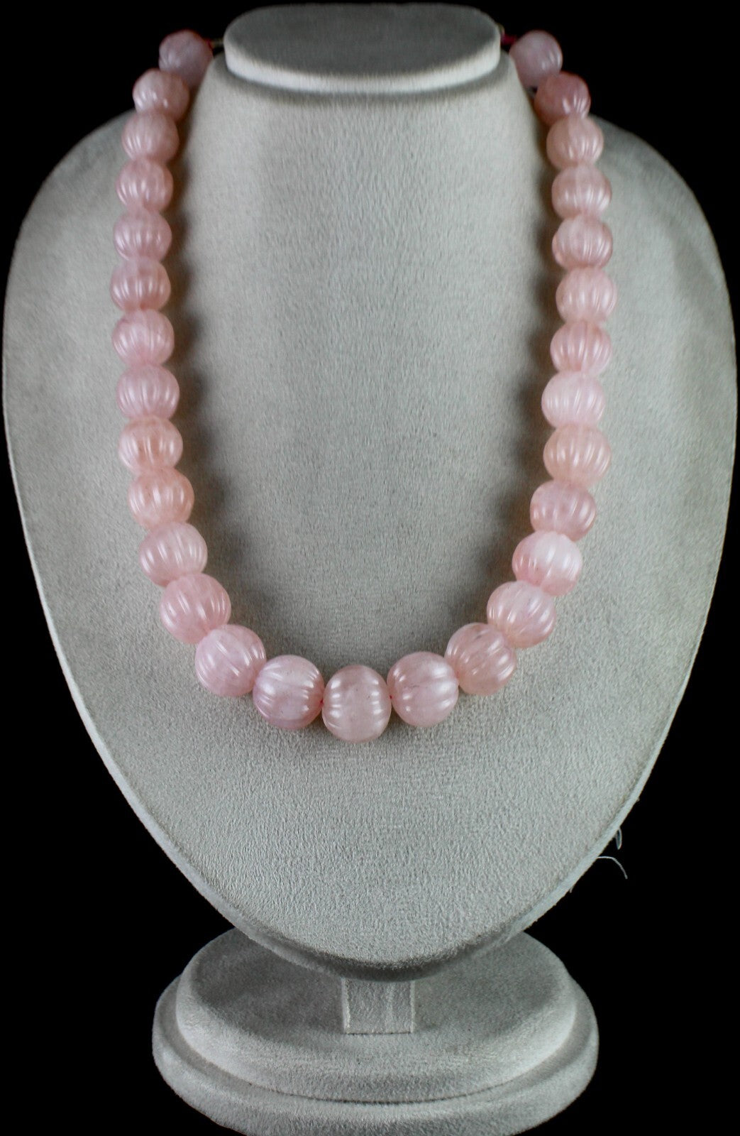 Natural Rose Quartz Melon Carved Beads Necklace 1185ct Gemstone Sterling Silver